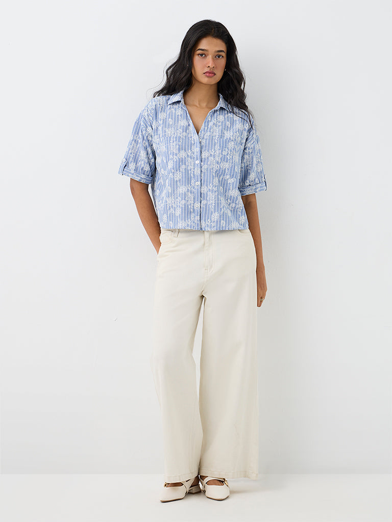 LOV Blue Floral Embroidered Cotton-Blend Shirt