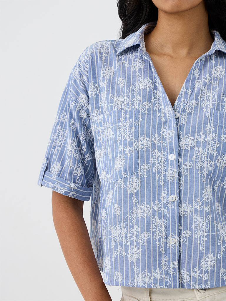 LOV Blue Floral Embroidered Cotton-Blend Shirt