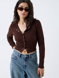 Nuon Dark Brown Ribbed-Textured Cotton Top