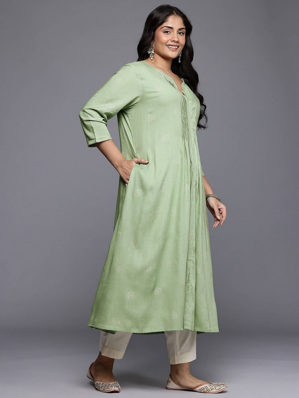 Plus Size Green Mandarin Neck Viscose Rayon Gota Kurta | U3S - view 3