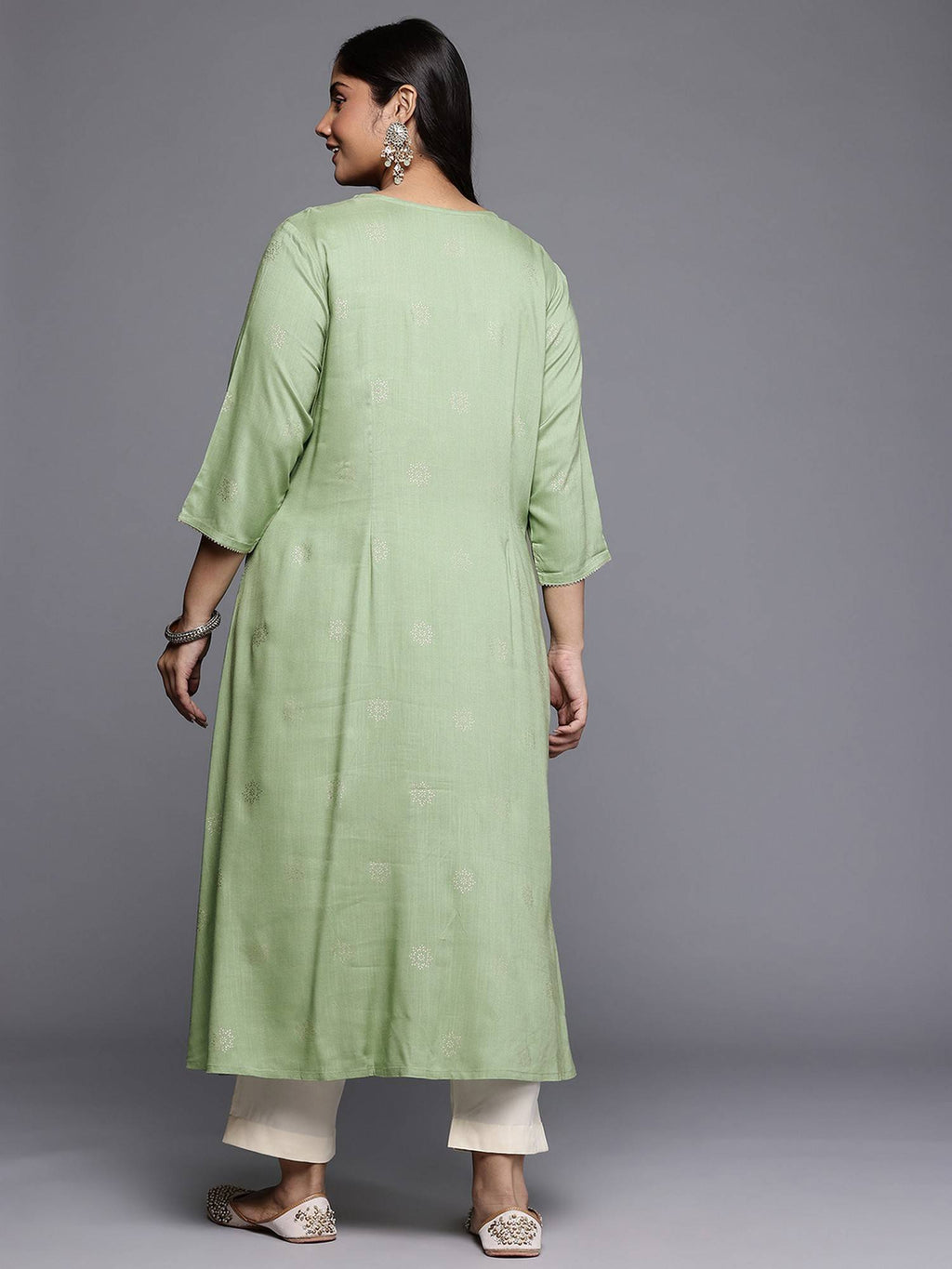 Plus Size Green Mandarin Neck Viscose Rayon Gota Kurta | FY93 - view 4