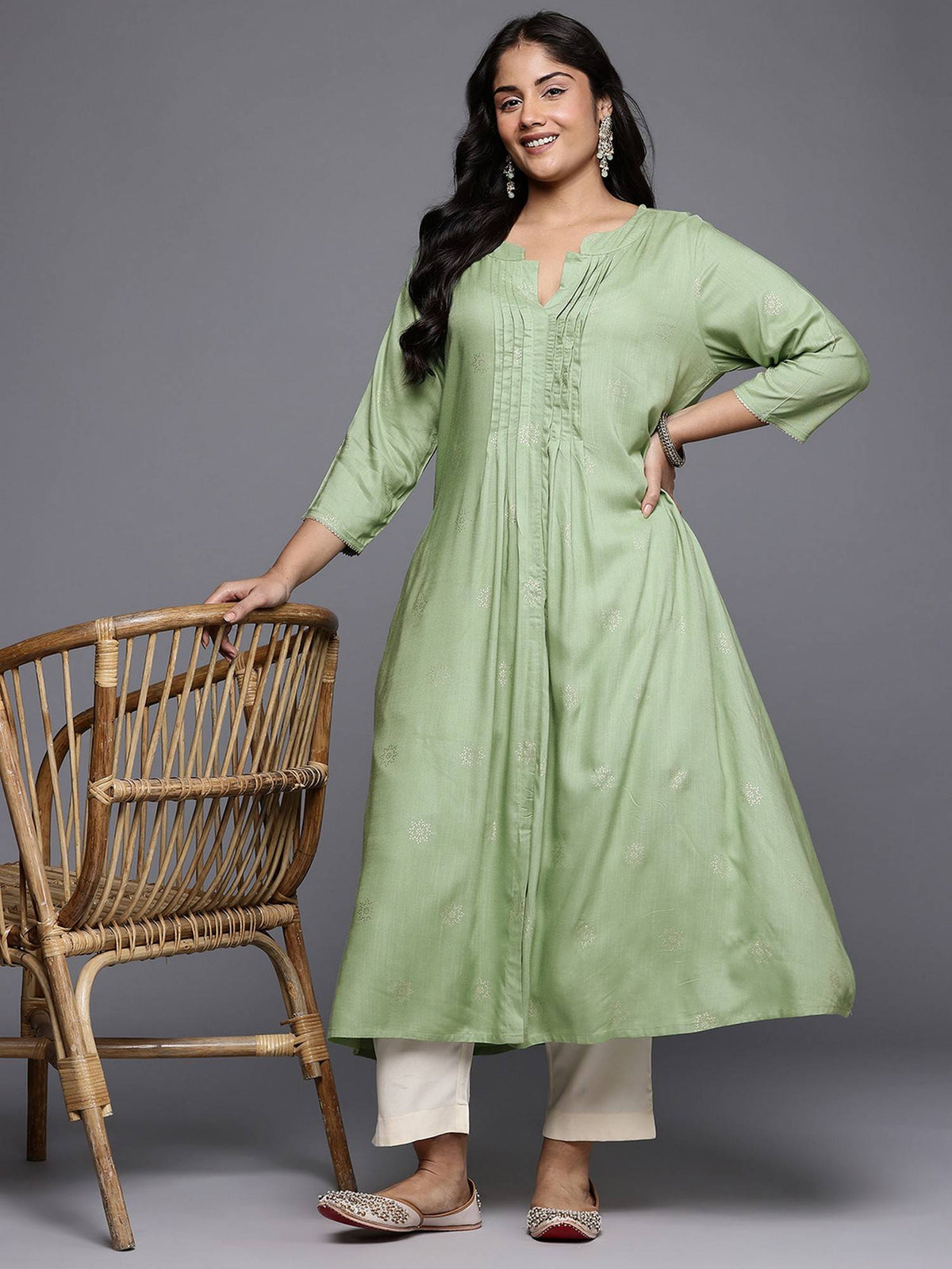 Plus Size Green Mandarin Neck Viscose Rayon Gota Kurta | FY93 - view 5