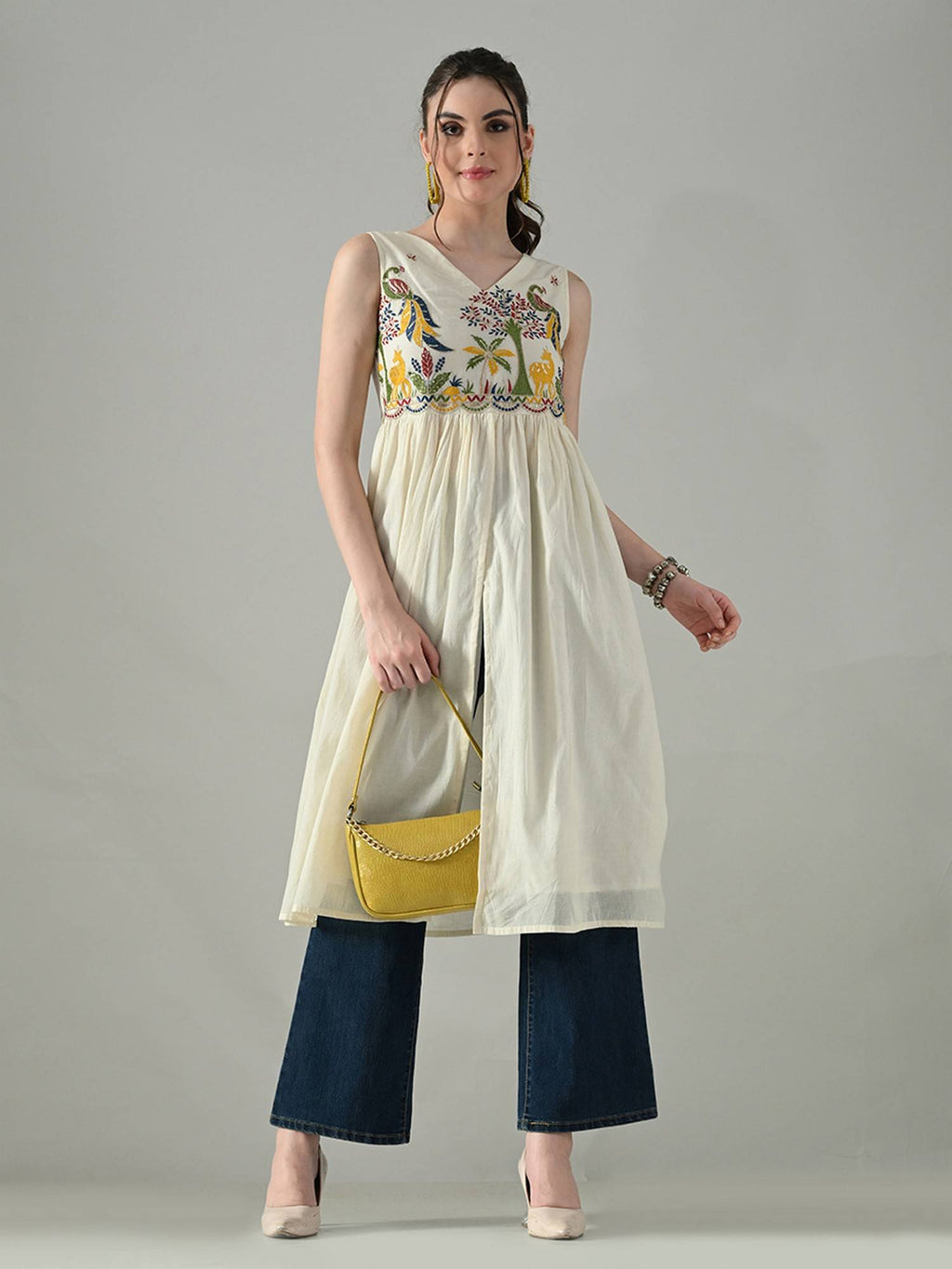 Women Off White Cotton V-Neck Embroidered Kurta | U3S - view 6