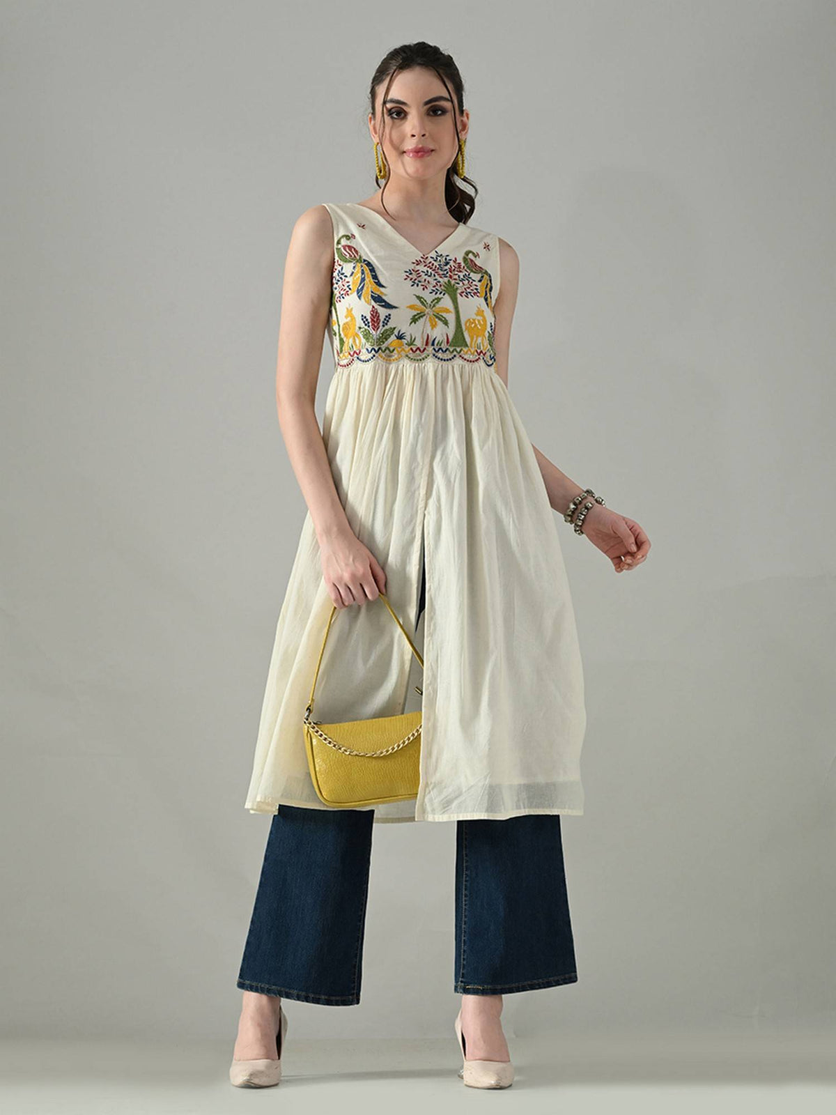Women Off White Cotton V-Neck Embroidered Kurta | U3S - view 6