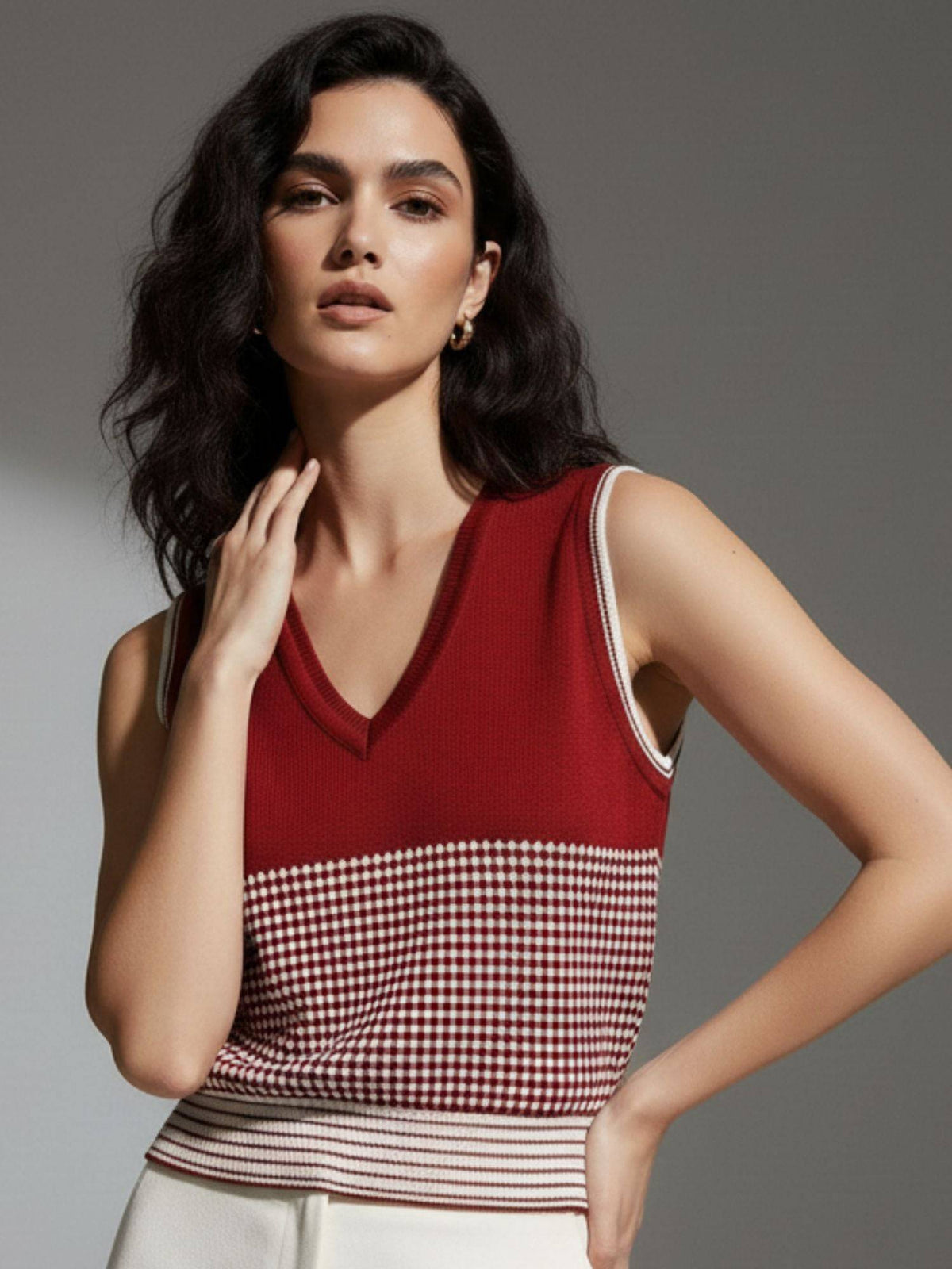 Wine V Neck Flat Knit Tank Top | TT98 - view 1