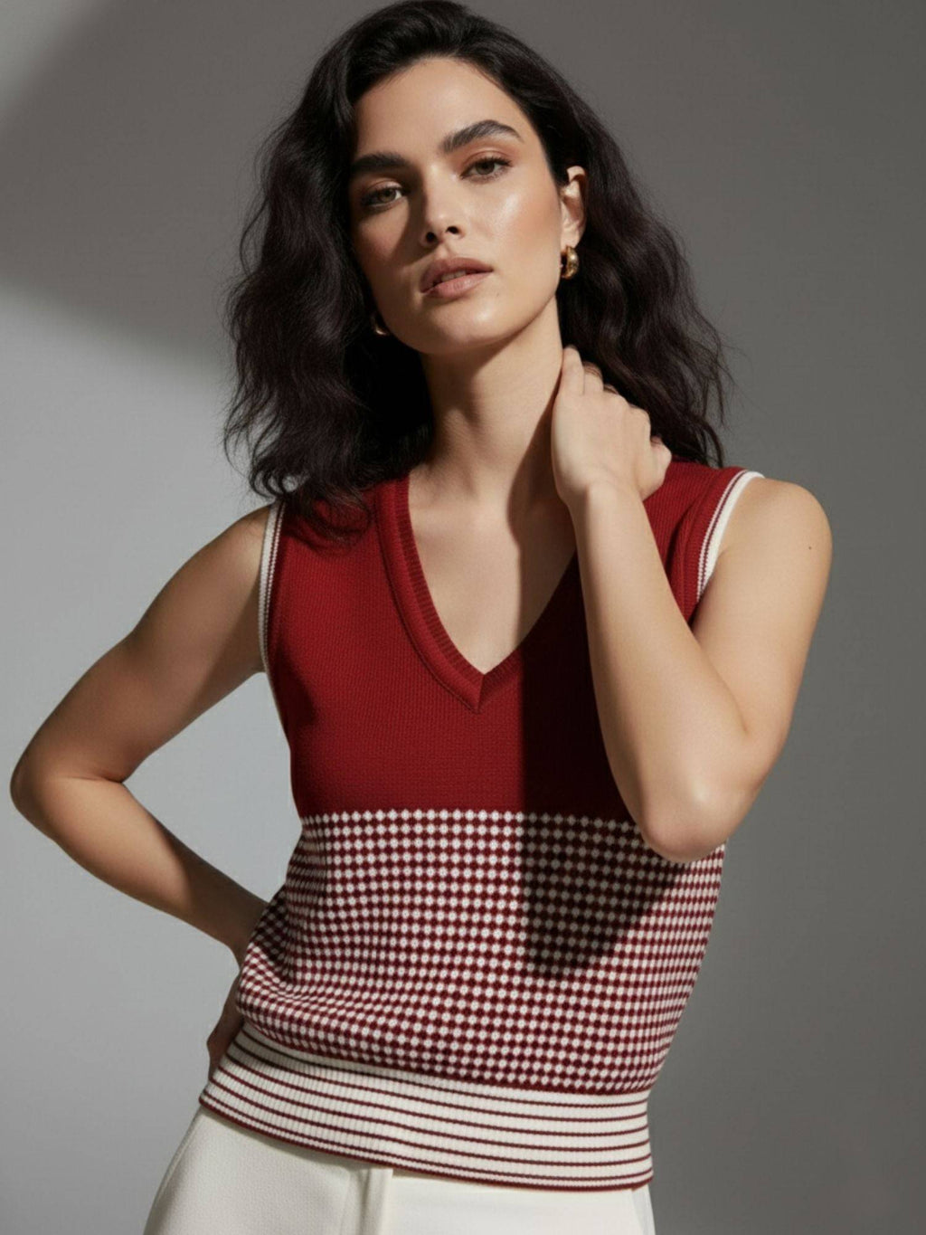 Wine V Neck Flat Knit Tank Top | TT98 - view 2