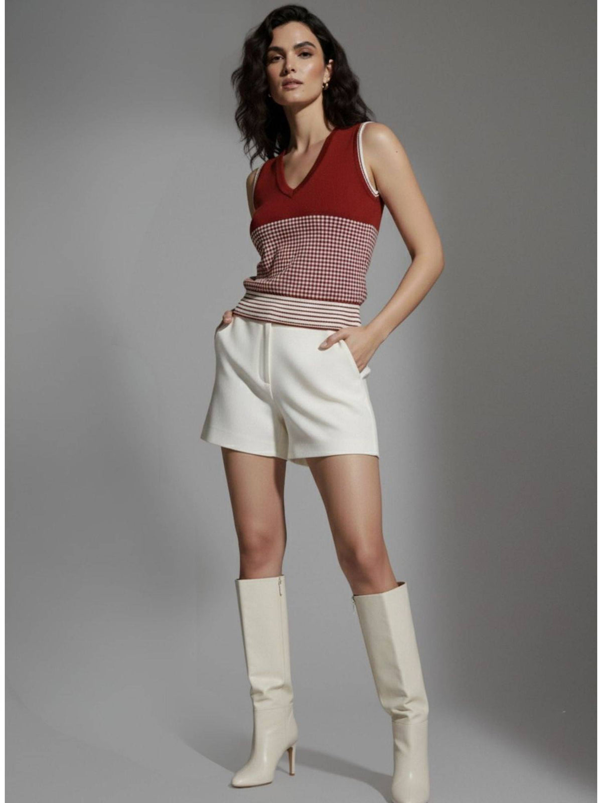 Wine V Neck Flat Knit Tank Top | TT98 - view 4