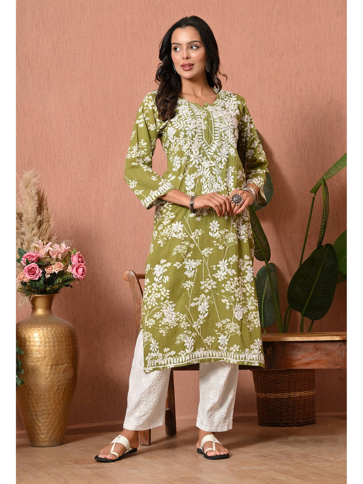 Women Blue Embroidered Mulmul Kurta | FY93 - view 32