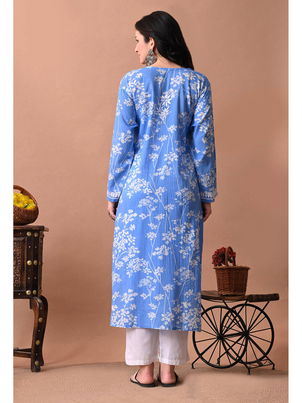 Women Blue Embroidered Mulmul Kurta | KDG - view 2