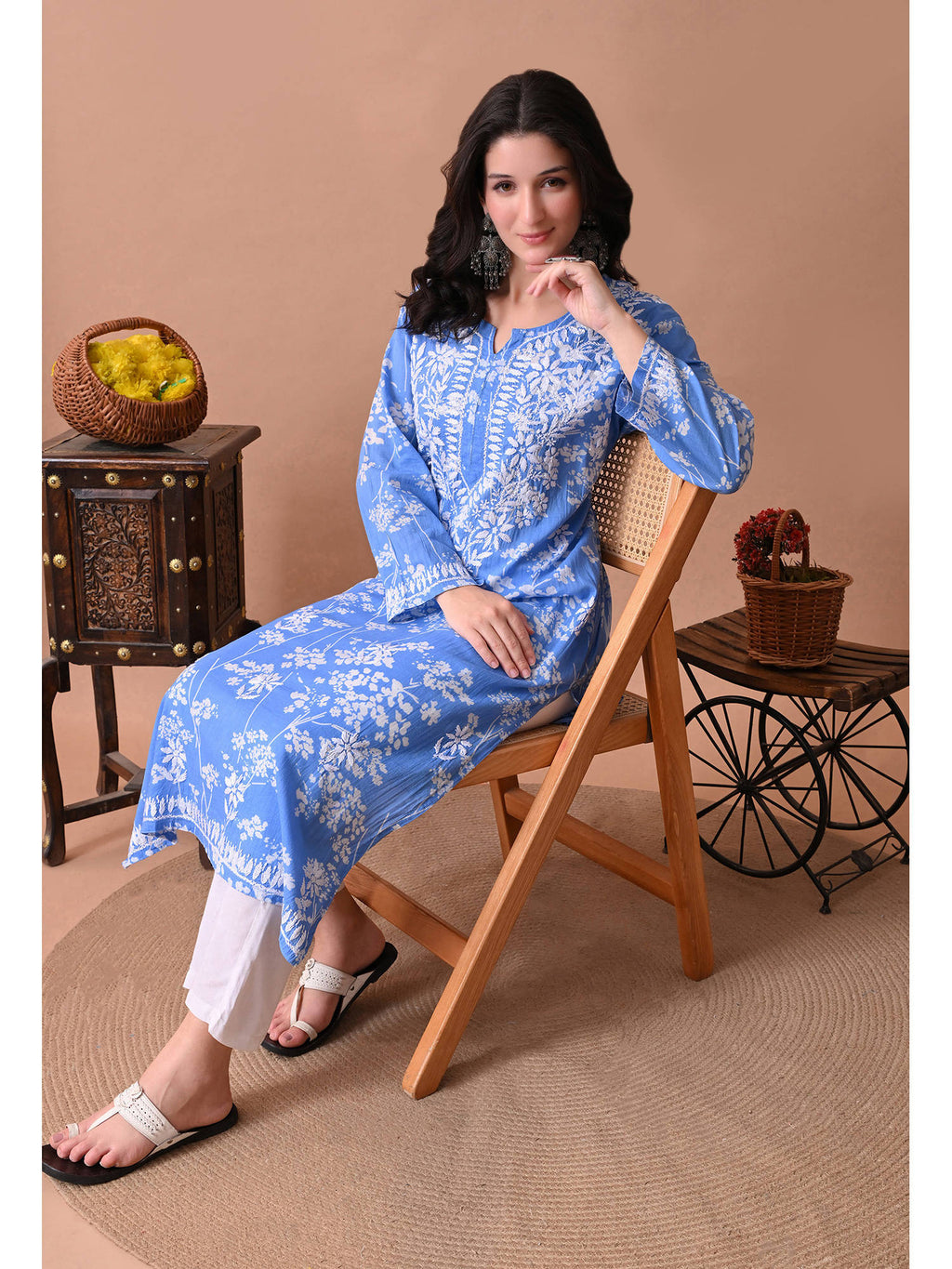 Women Blue Embroidered Mulmul Kurta | KDG - view 4