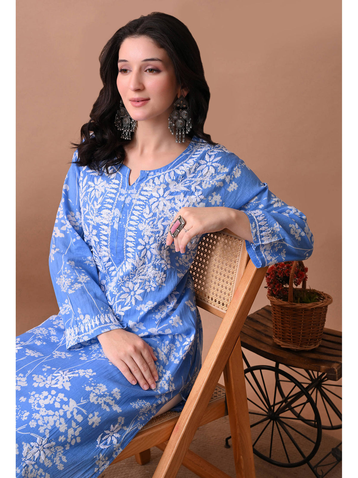 Women Blue Embroidered Mulmul Kurta | KDG - view 6