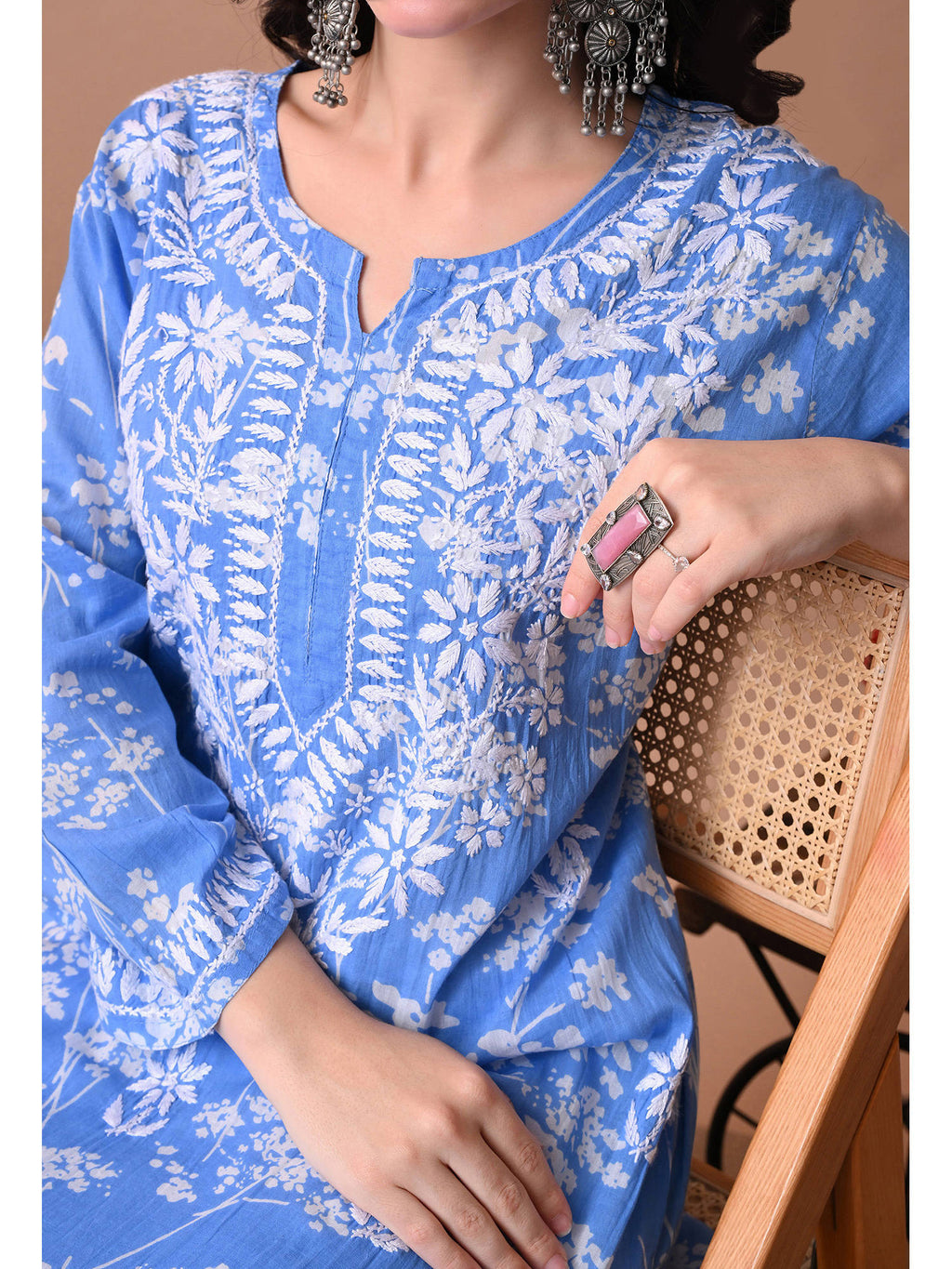 Women Blue Embroidered Mulmul Kurta | KDG - view 8