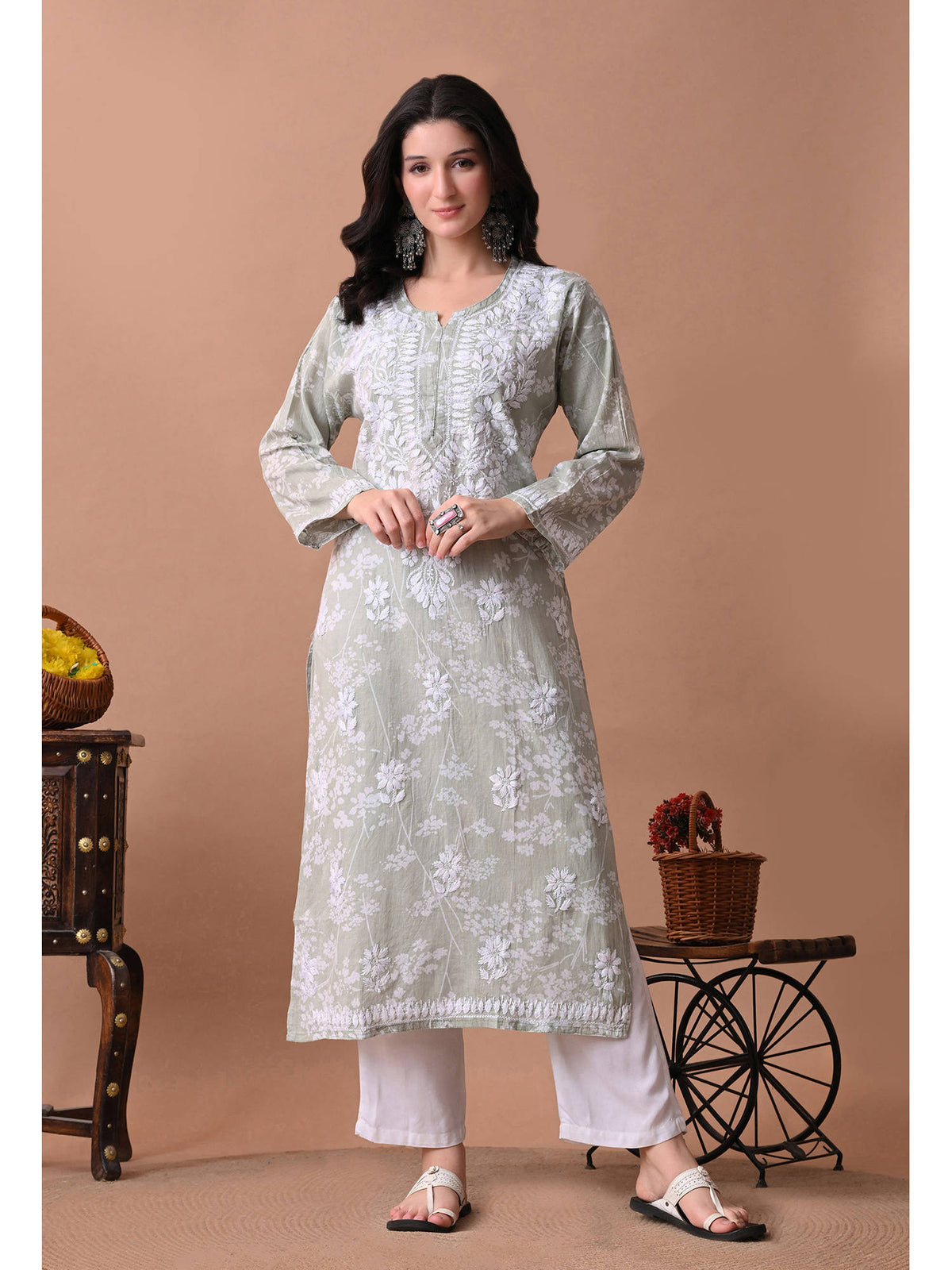 Women Blue Embroidered Mulmul Kurta | KDG - view 25