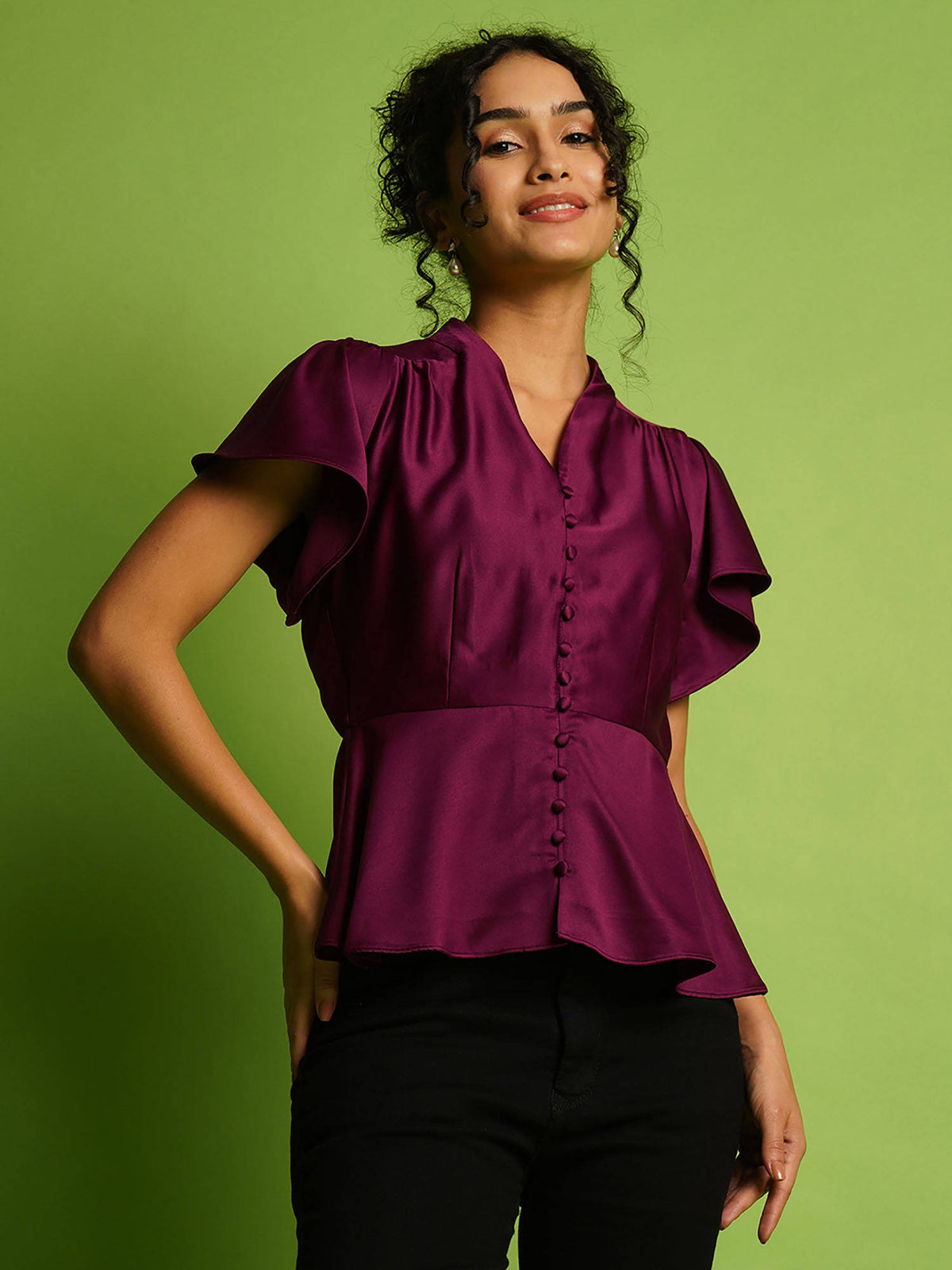 Women Purple V-Neck Flutter Sleeves Peplum Party Top | pt51 - view 1