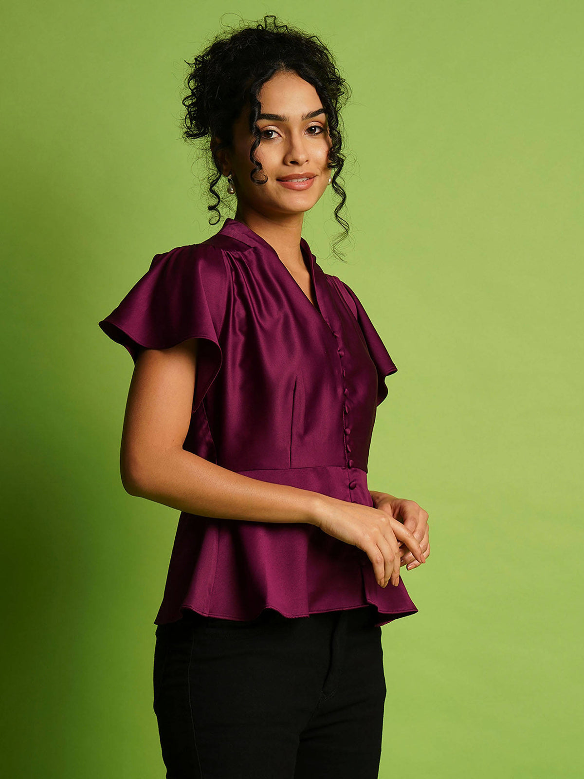 Women Purple V-Neck Flutter Sleeves Peplum Party Top | pt51 - view 2
