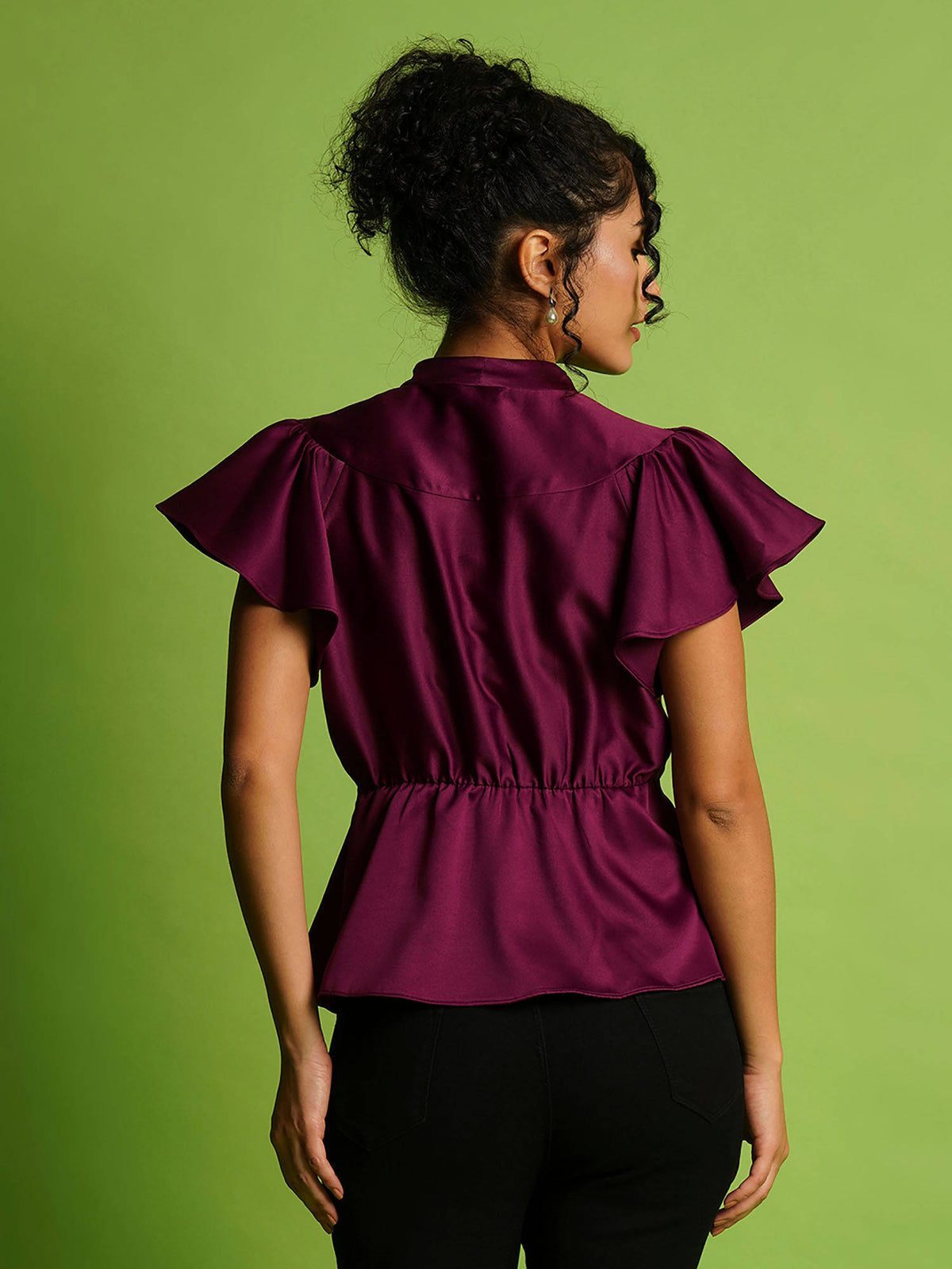 Women Purple V-Neck Flutter Sleeves Peplum Party Top | pt51 - view 3