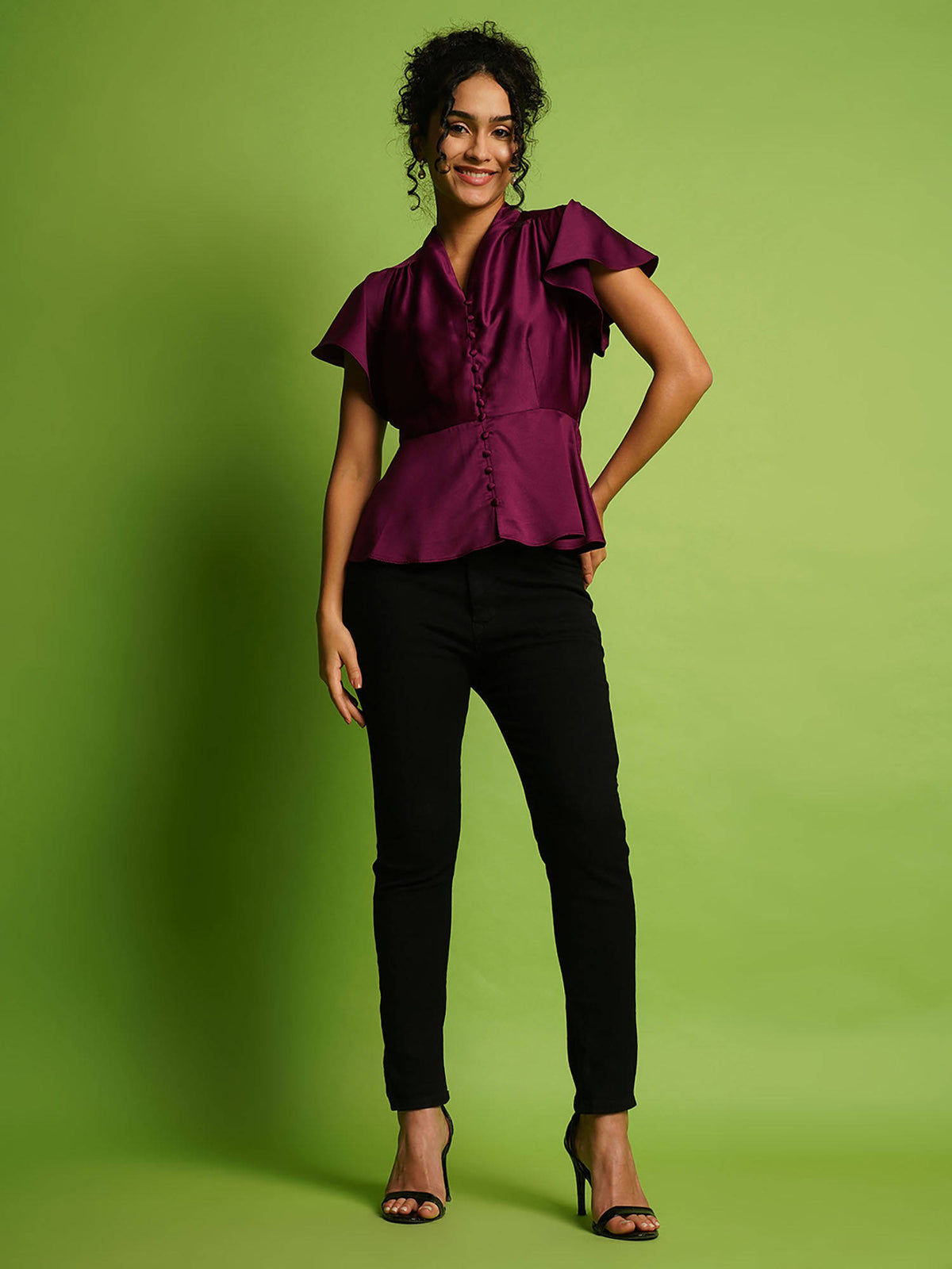 Women Purple V-Neck Flutter Sleeves Peplum Party Top | pt51 - view 5