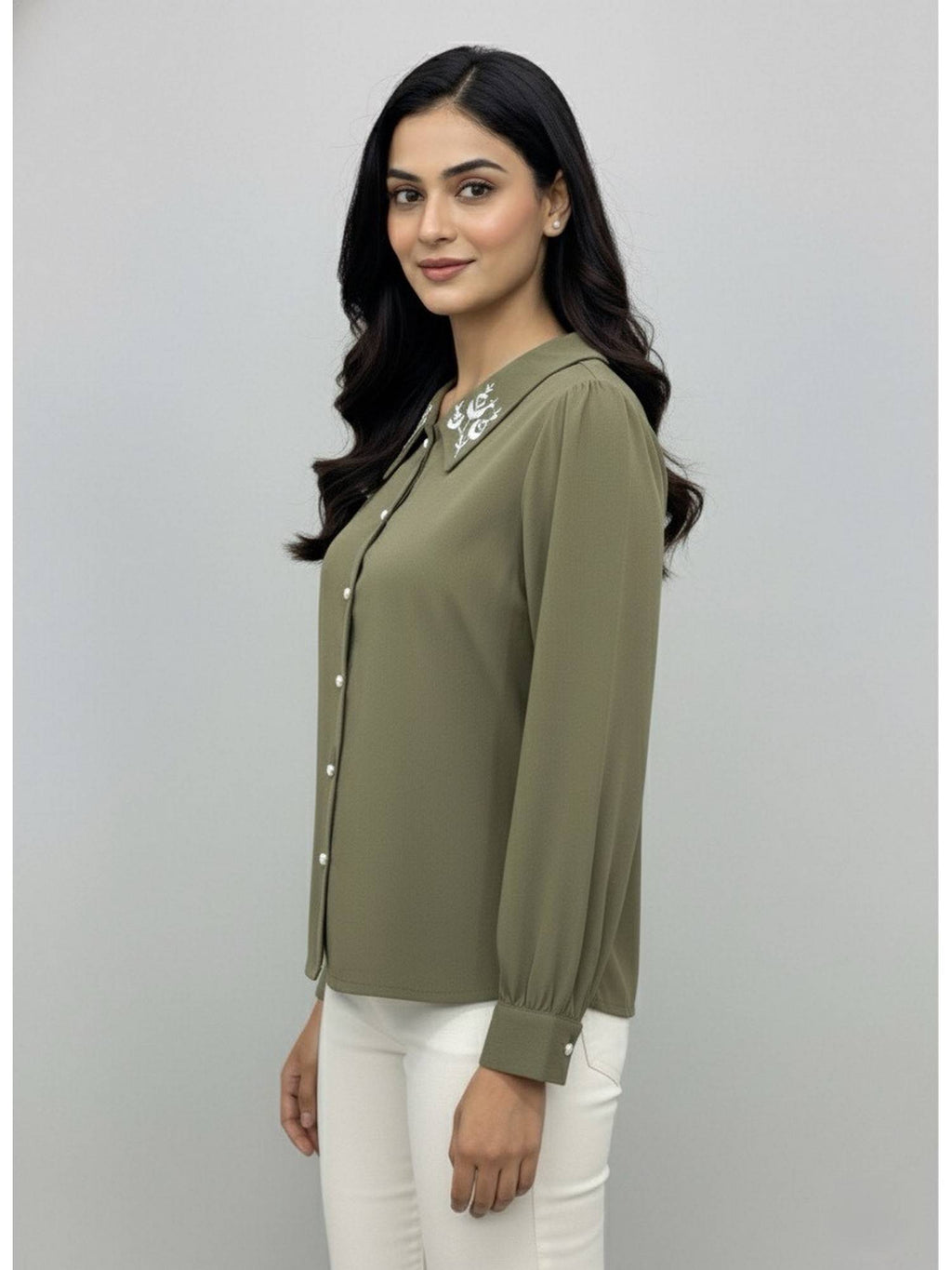 Women Brown Collared Contrast Embroidery Shirt | S67 - view 35