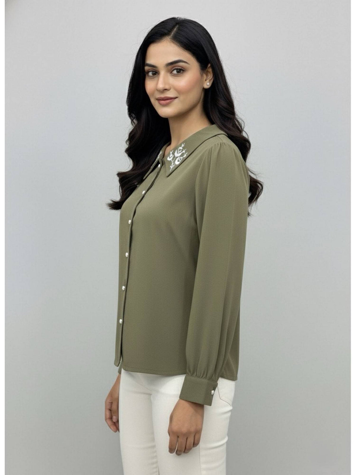 Women Brown Collared Contrast Embroidery Shirt | S67 - view 35