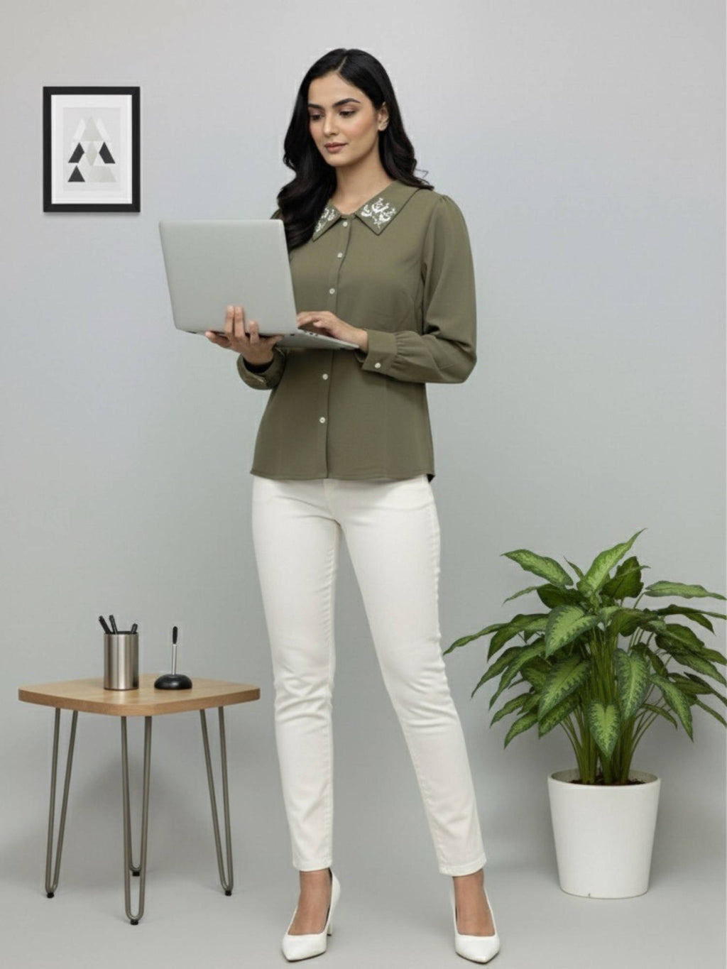 Women Brown Collared Contrast Embroidery Shirt | S67 - view 36