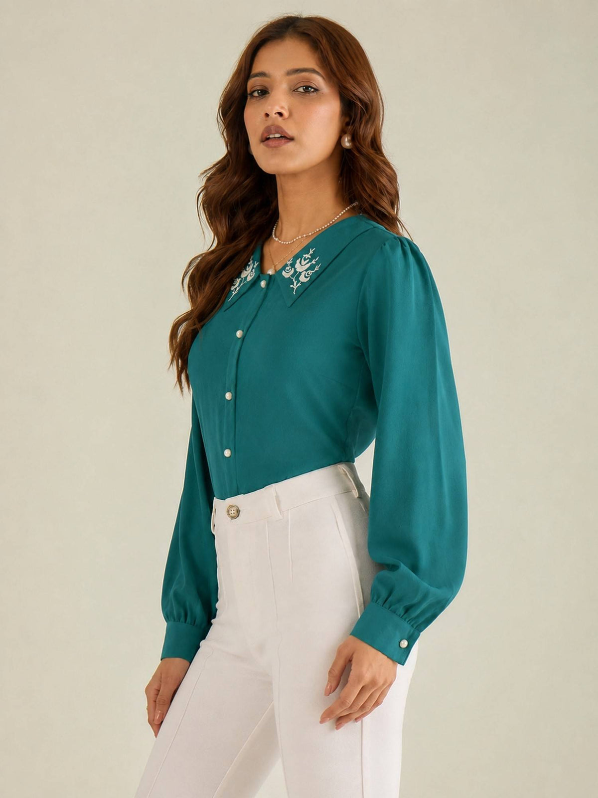 Women Blue Collared Contrast Embroidery Shirt | S67 - view 45