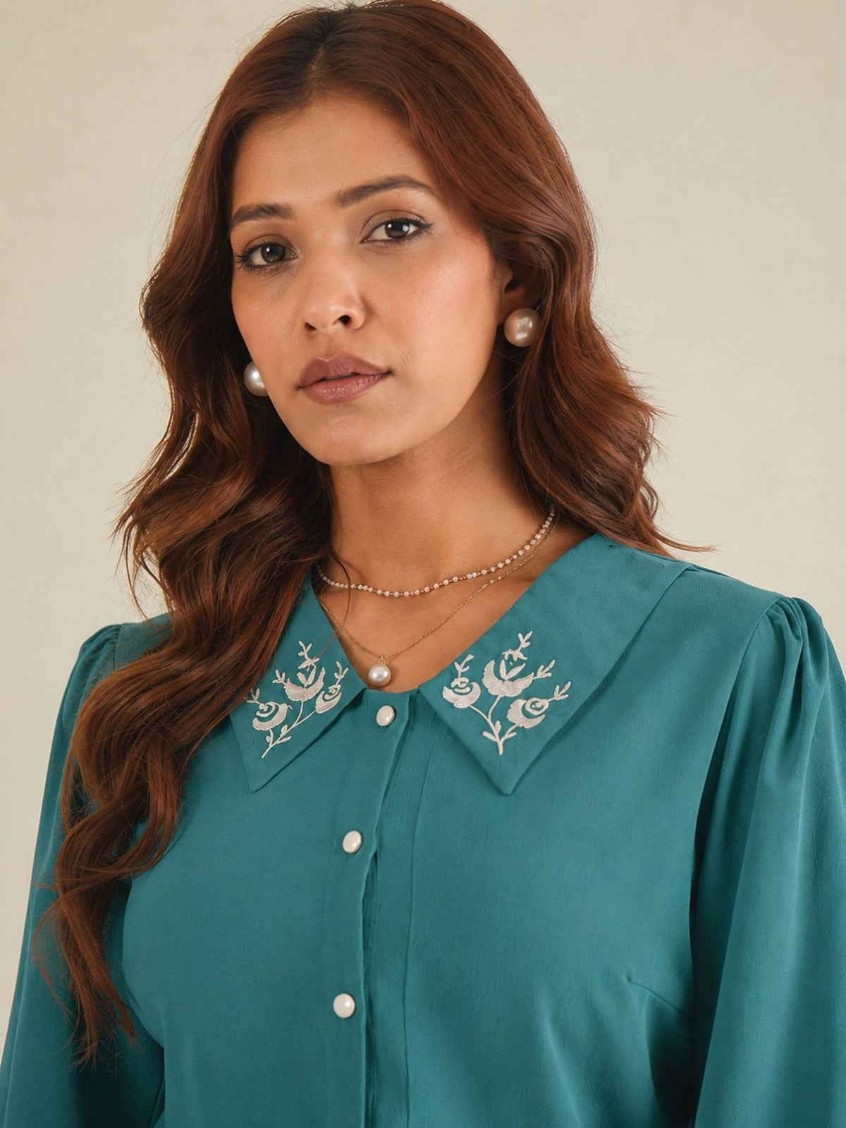 Women Blue Collared Contrast Embroidery Shirt | S67 - view 47