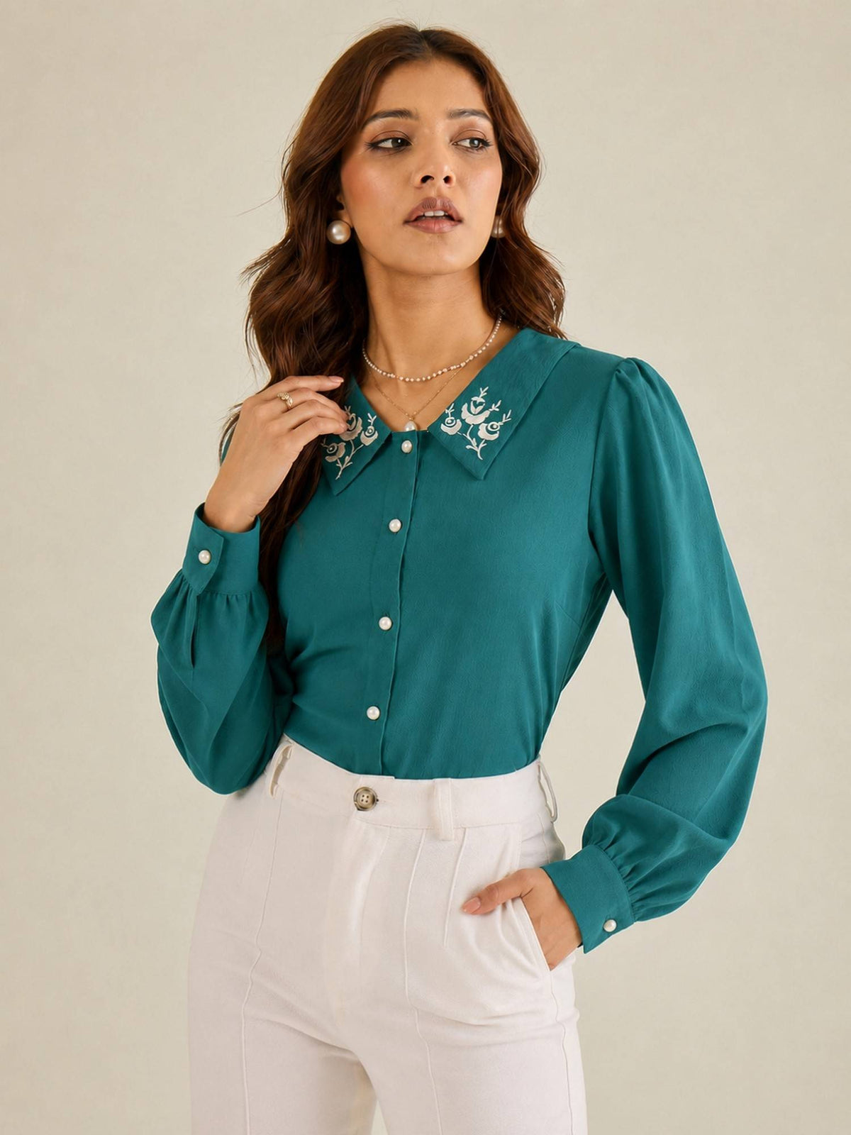 Women Blue Collared Contrast Embroidery Shirt | S67 - view 48