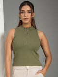 Women Olive Ribbed Sleeveless Top | TT98 - view 1