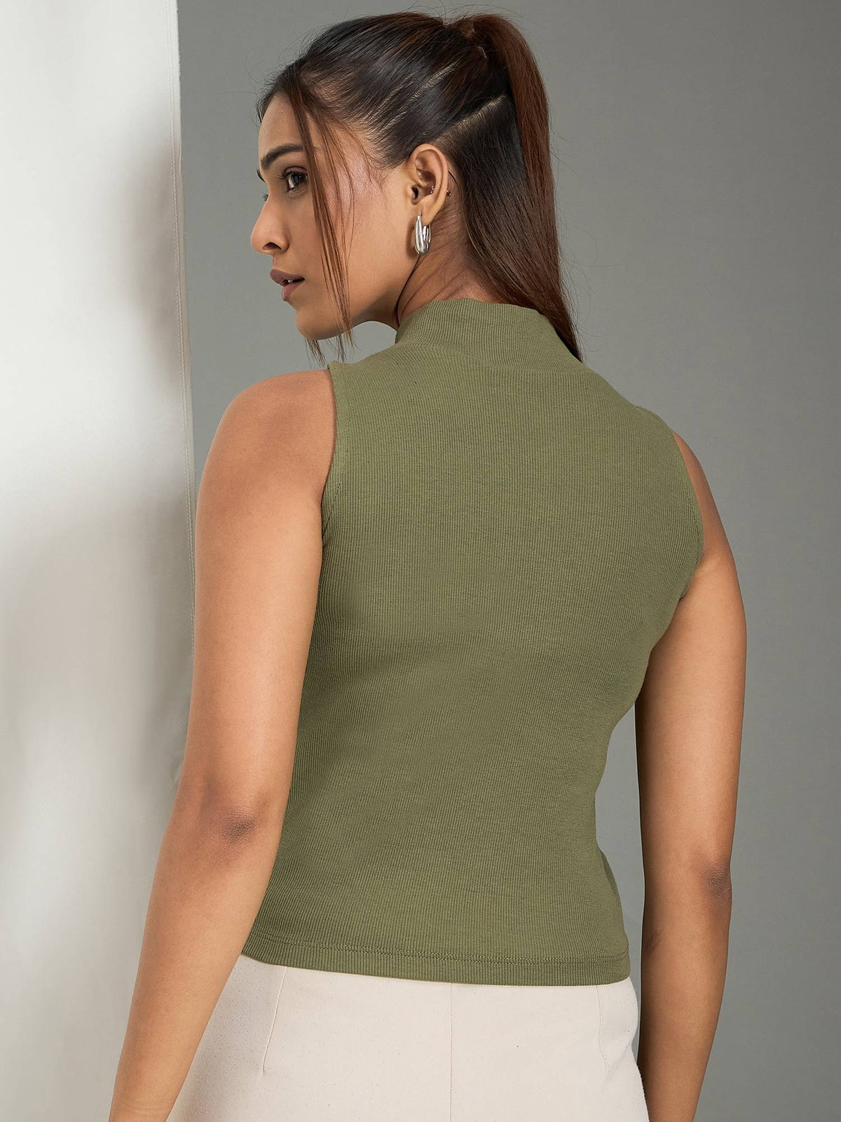 Women Olive Ribbed Sleeveless Top | TT98 - view 3