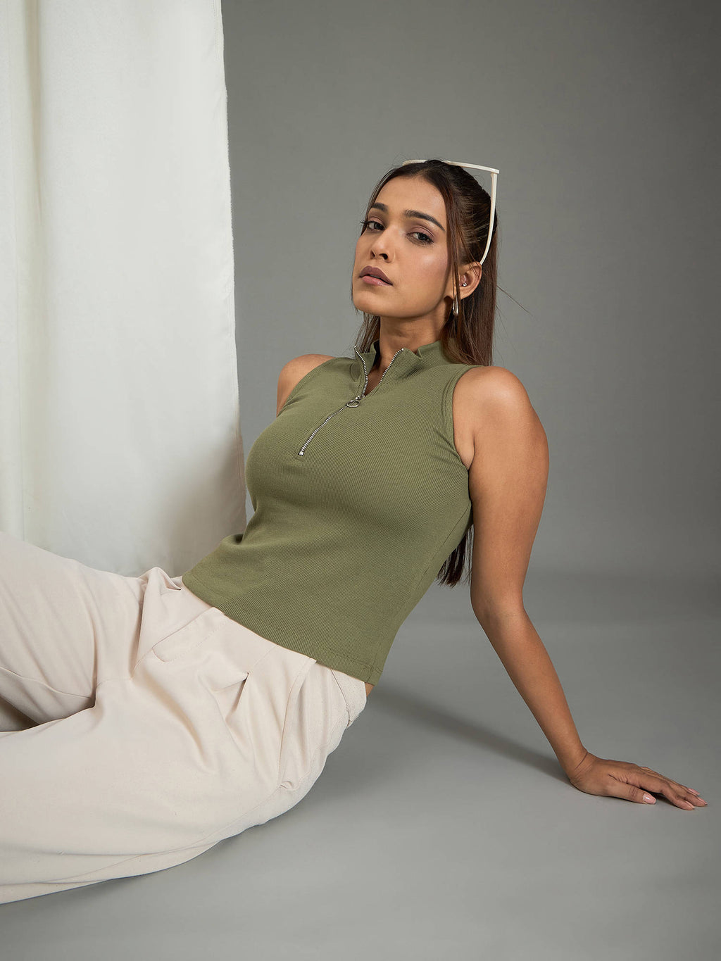 Women Olive Ribbed Sleeveless Top | TT98 - view 5