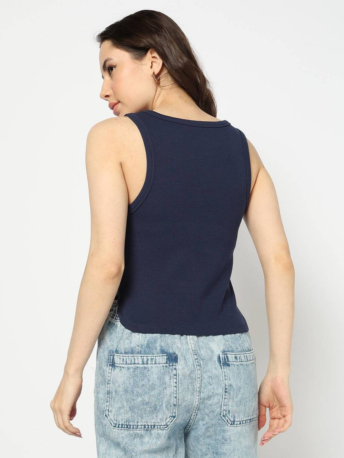 Women Navy Blue Solid Slim Tank Top | TT98 - view 2
