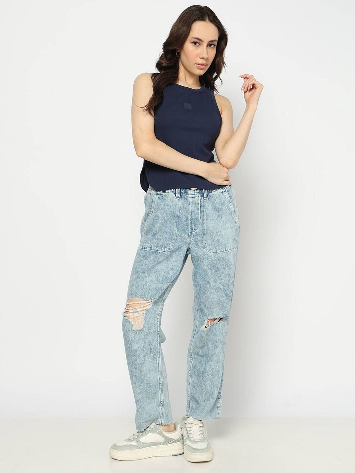 Women Navy Blue Solid Slim Tank Top | TT98 - view 4