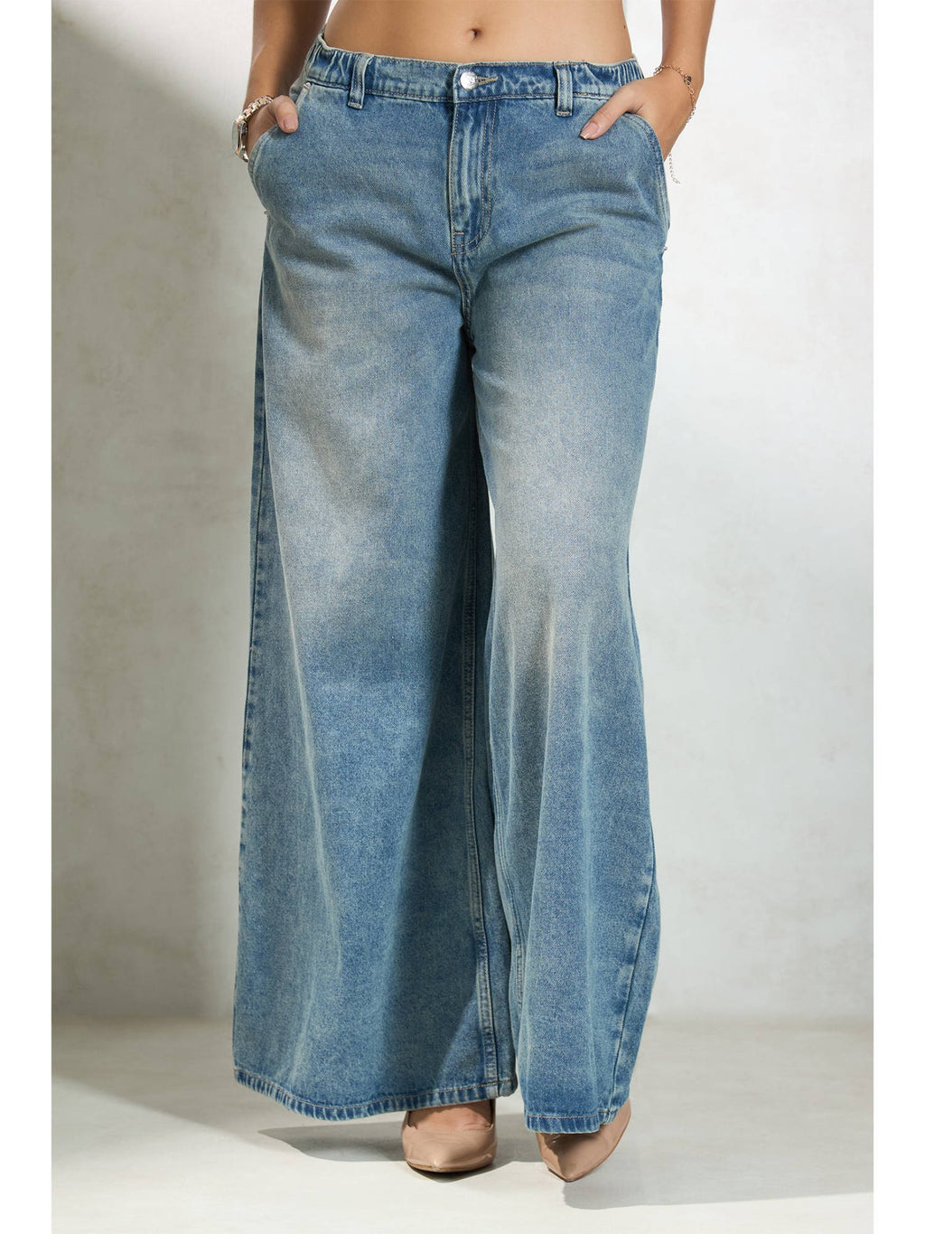 Women Cotton Full Length Solid Wide Blue Jeans | WL90 - view 1
