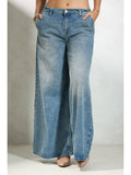 Women Cotton Full Length Solid Wide Blue Jeans | WL90 - view 1