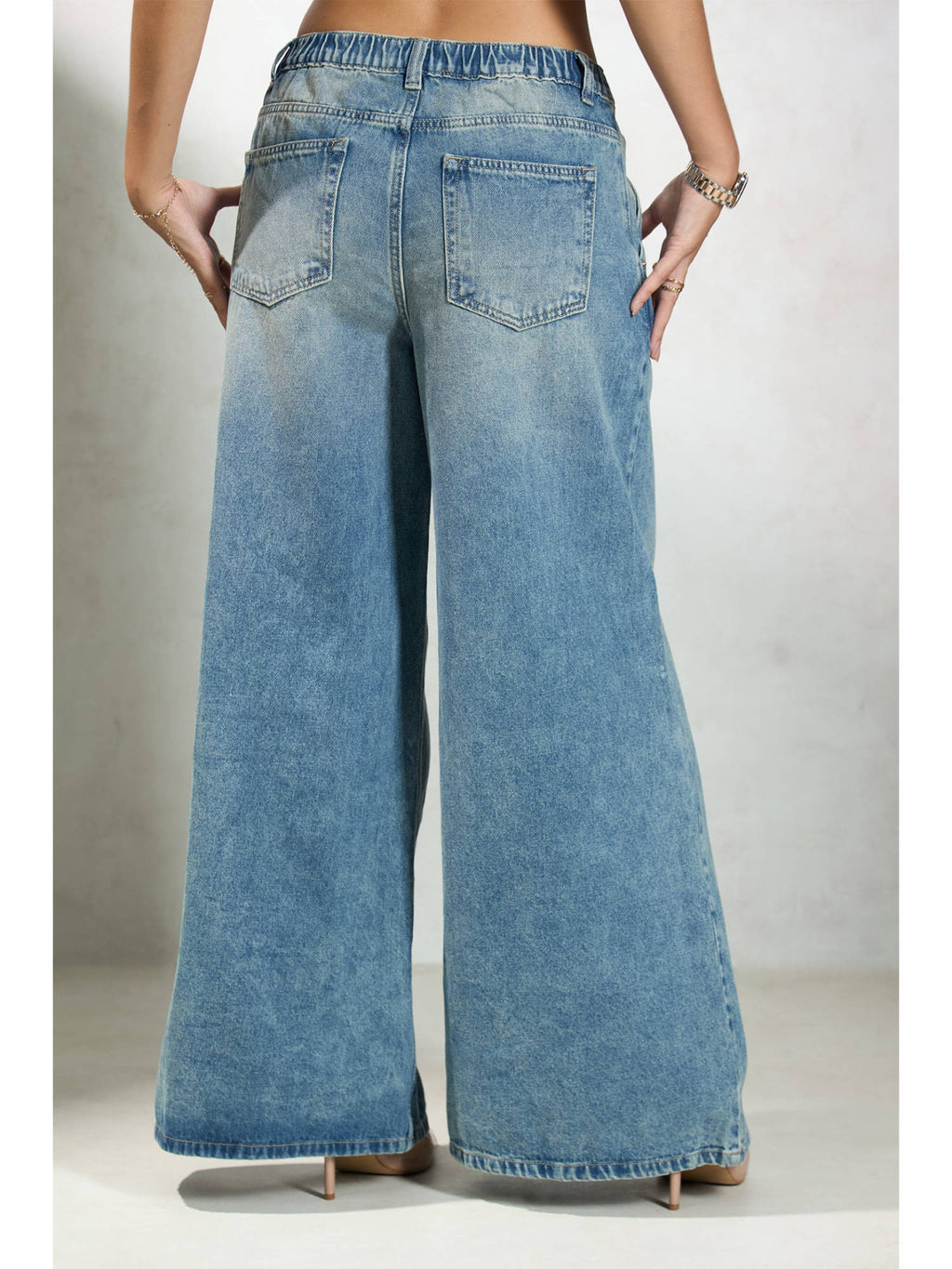 Women Cotton Full Length Solid Wide Blue Jeans | WL90 - view 2