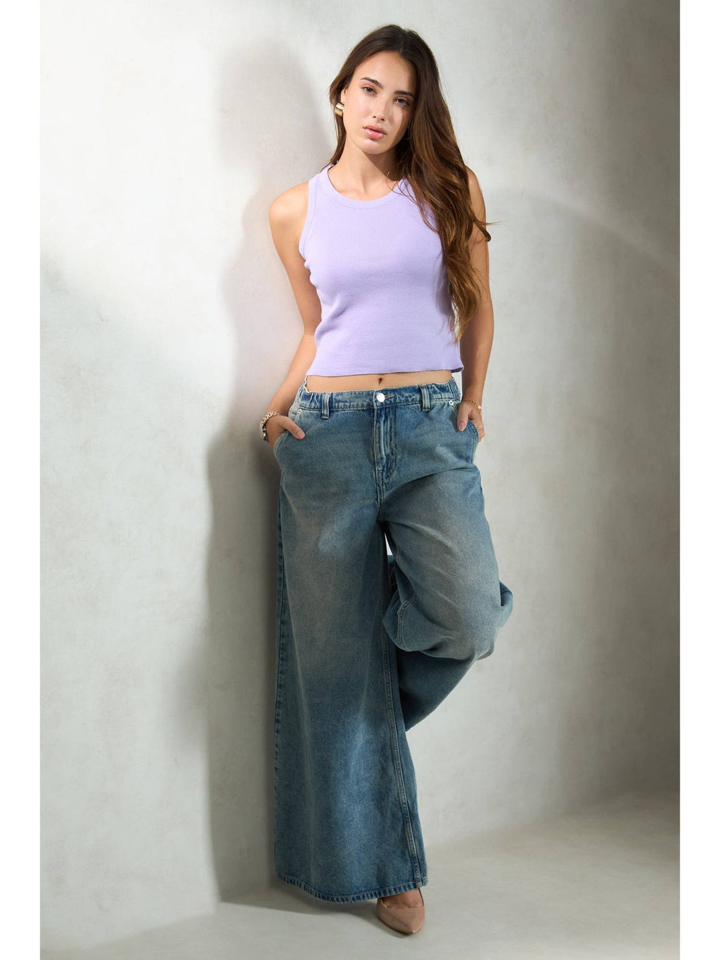 Women Cotton Full Length Solid Wide Blue Jeans | WL90 - view 3