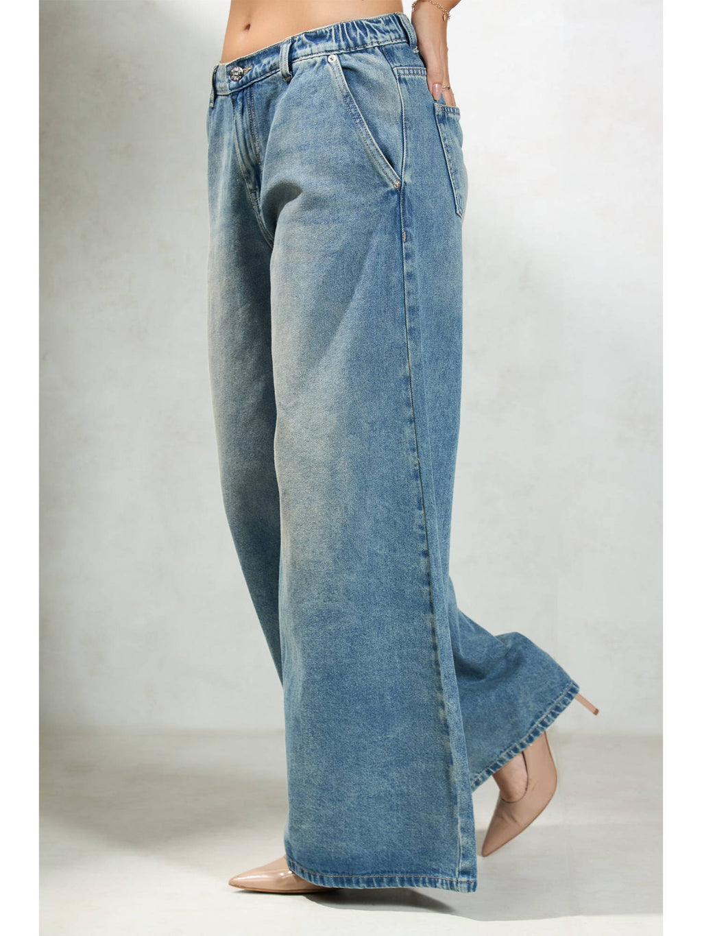 Women Cotton Full Length Solid Wide Blue Jeans | WL90 - view 4