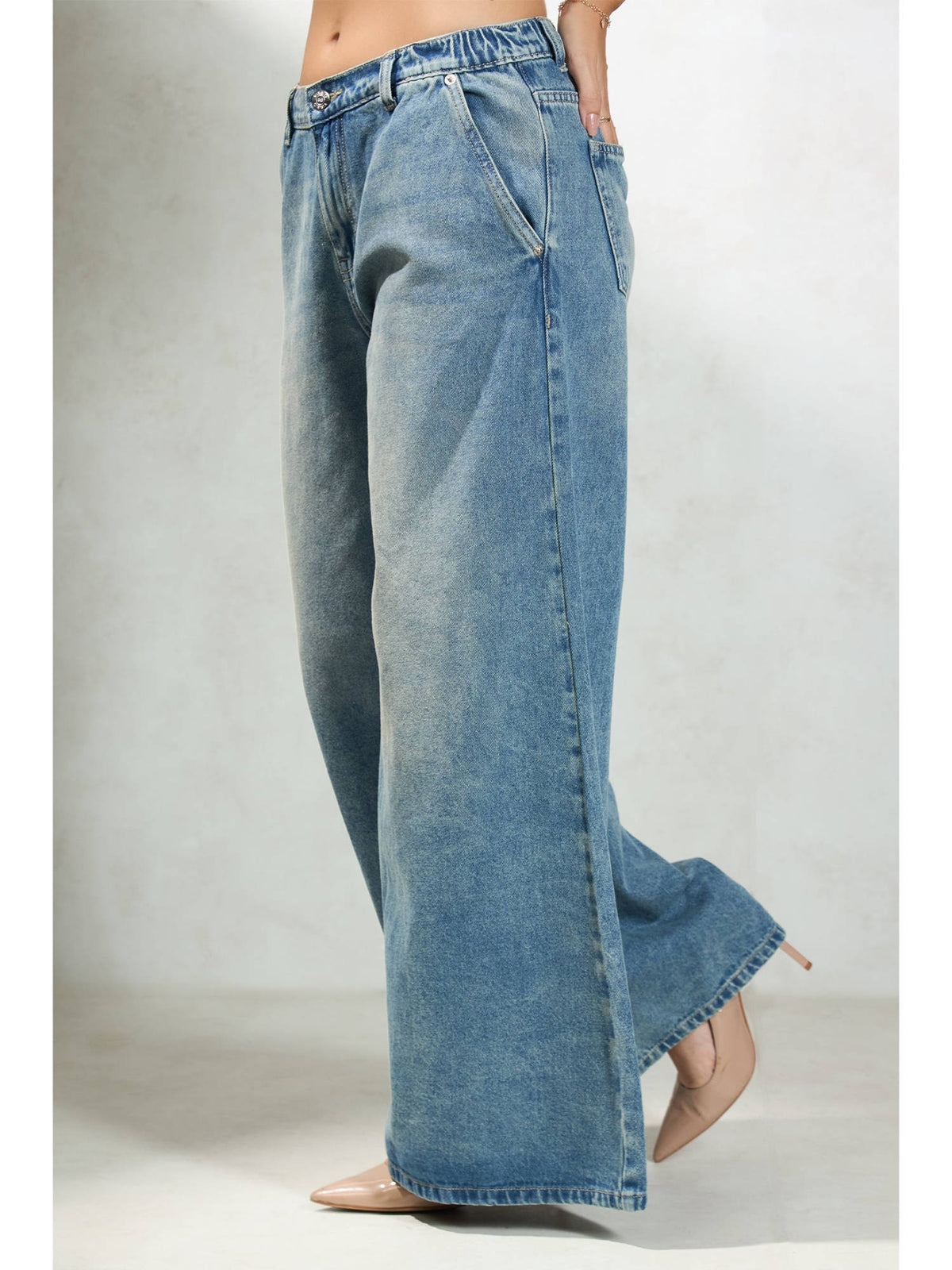 Women Cotton Full Length Solid Wide Blue Jeans | WL90 - view 4