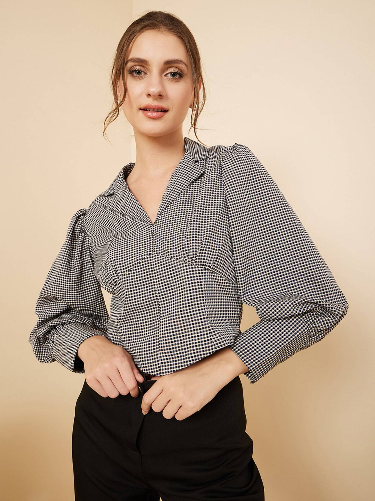 Women Casual Black Check Colour Notched Lapel Checked Regular Top | CT61 - view 1