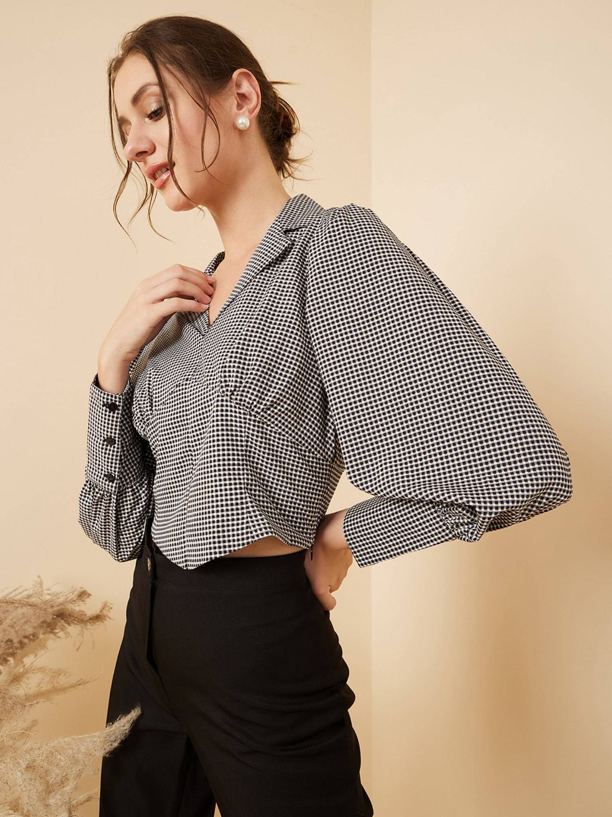 Women Casual Black Check Colour Notched Lapel Checked Regular Top | CT61 - view 2