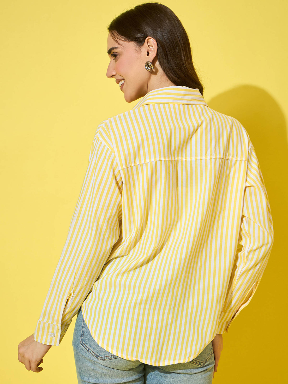 Women Yellow Striped Cotton Oversized Long Sleeve Button-Down Shirt | S67 - view 2