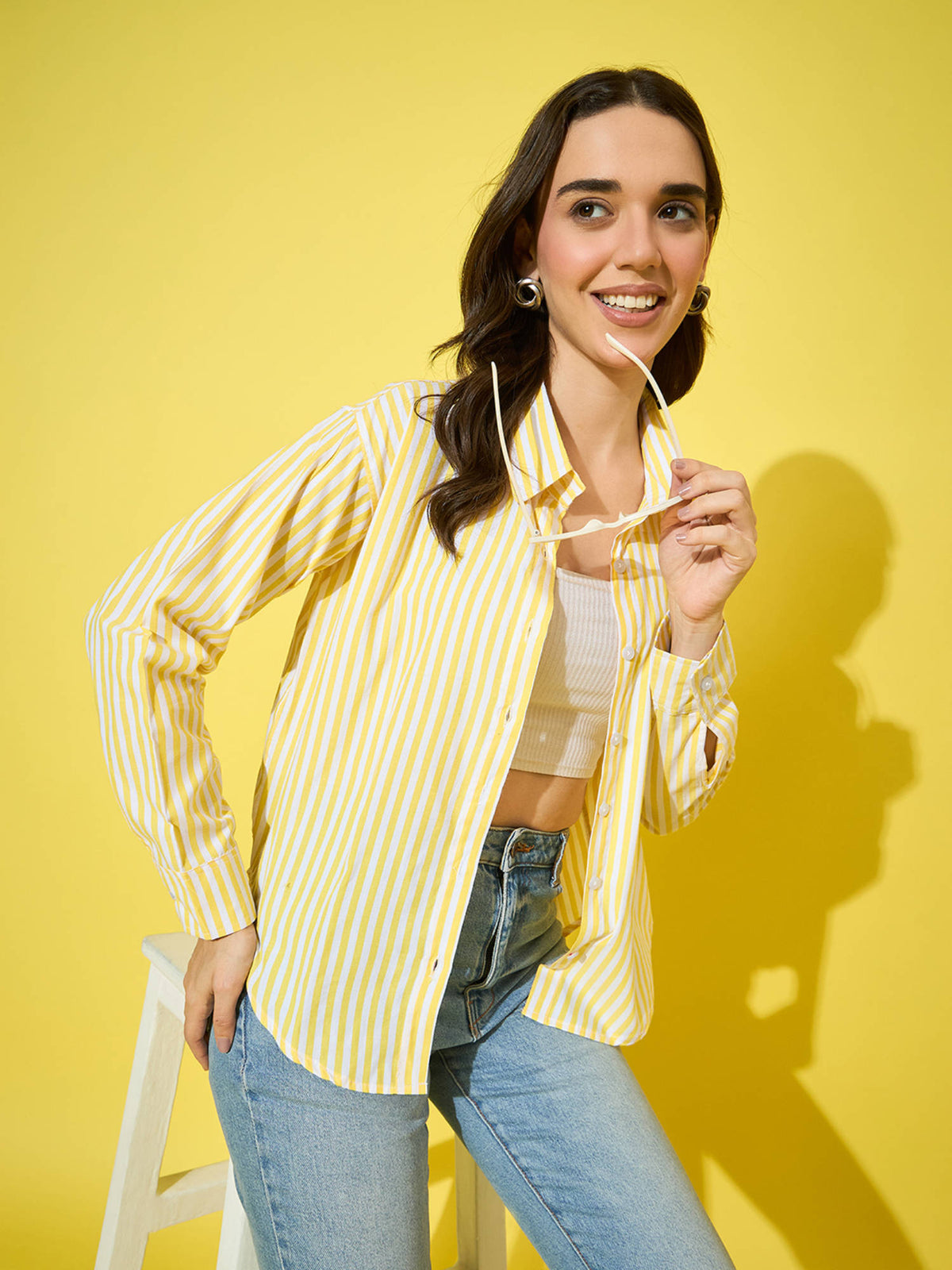 Women Yellow Striped Cotton Oversized Long Sleeve Button-Down Shirt | S67 - view 5