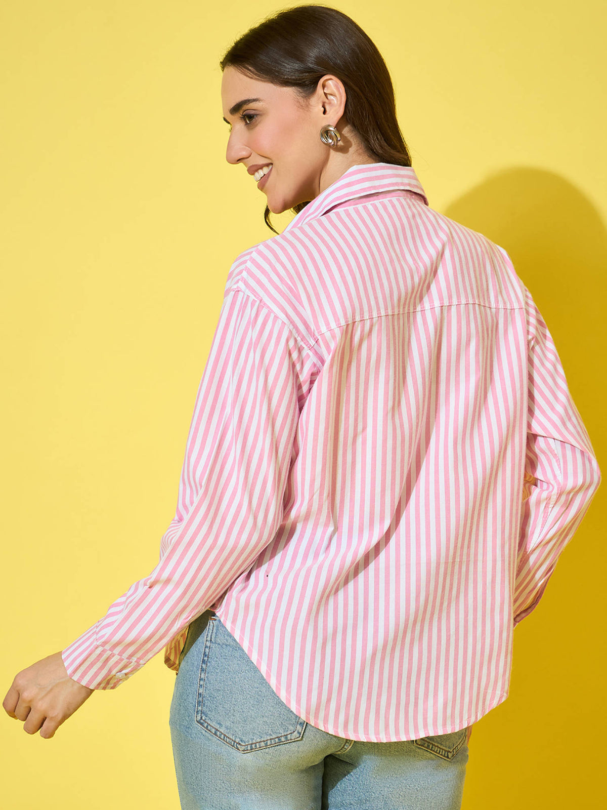 Women Red Striped Cotton Oversized Long Sleeve Button-Down Shirt | S67 - view 2