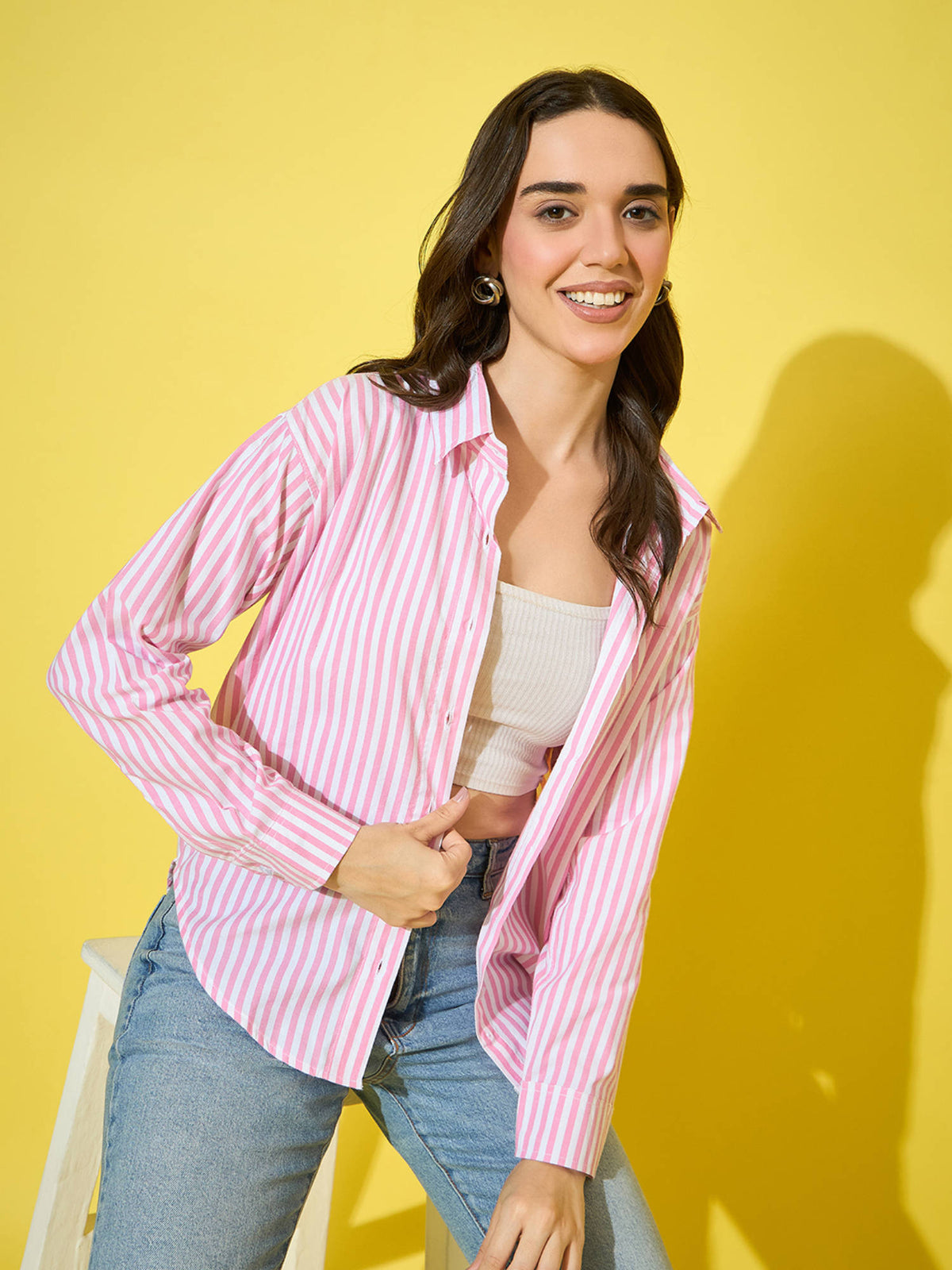 Women Red Striped Cotton Oversized Long Sleeve Button-Down Shirt | S67 - view 5