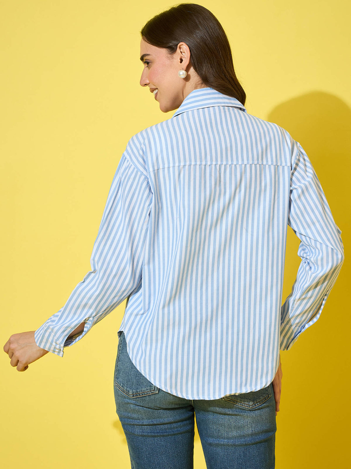 Women Blue Striped Cotton Oversized Long Sleeve Button-Down Shirt | S67 - view 2
