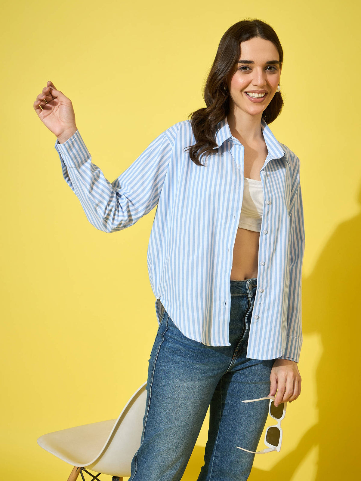 Women Blue Striped Cotton Oversized Long Sleeve Button-Down Shirt | S67 - view 5