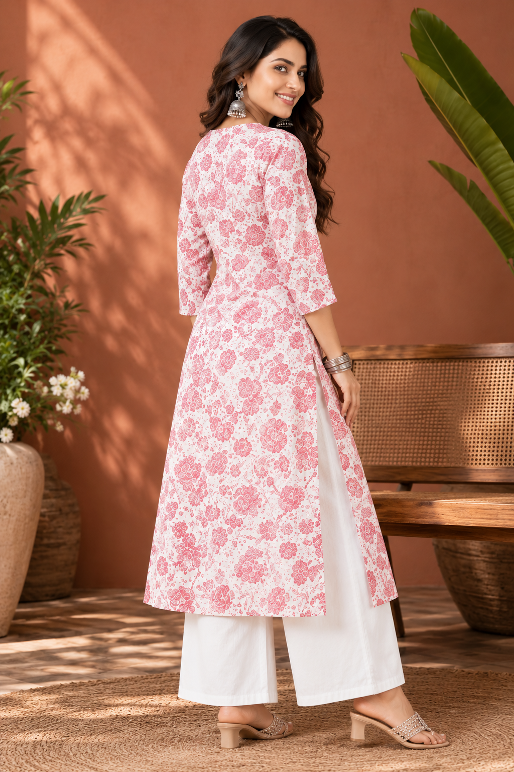 Rose Pink Floral Printed Kurta with White Bottoms