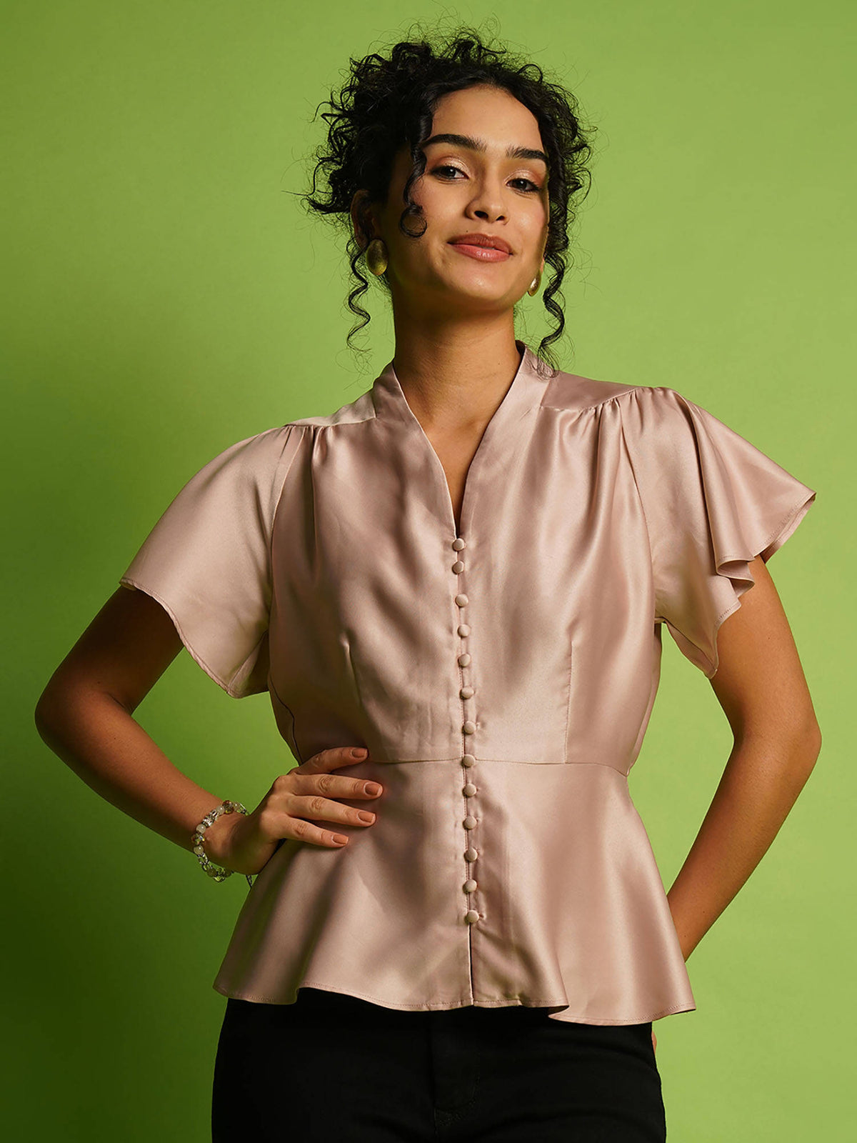 Women Purple V-Neck Flutter Sleeves Peplum Party Top | pt51 - view 16
