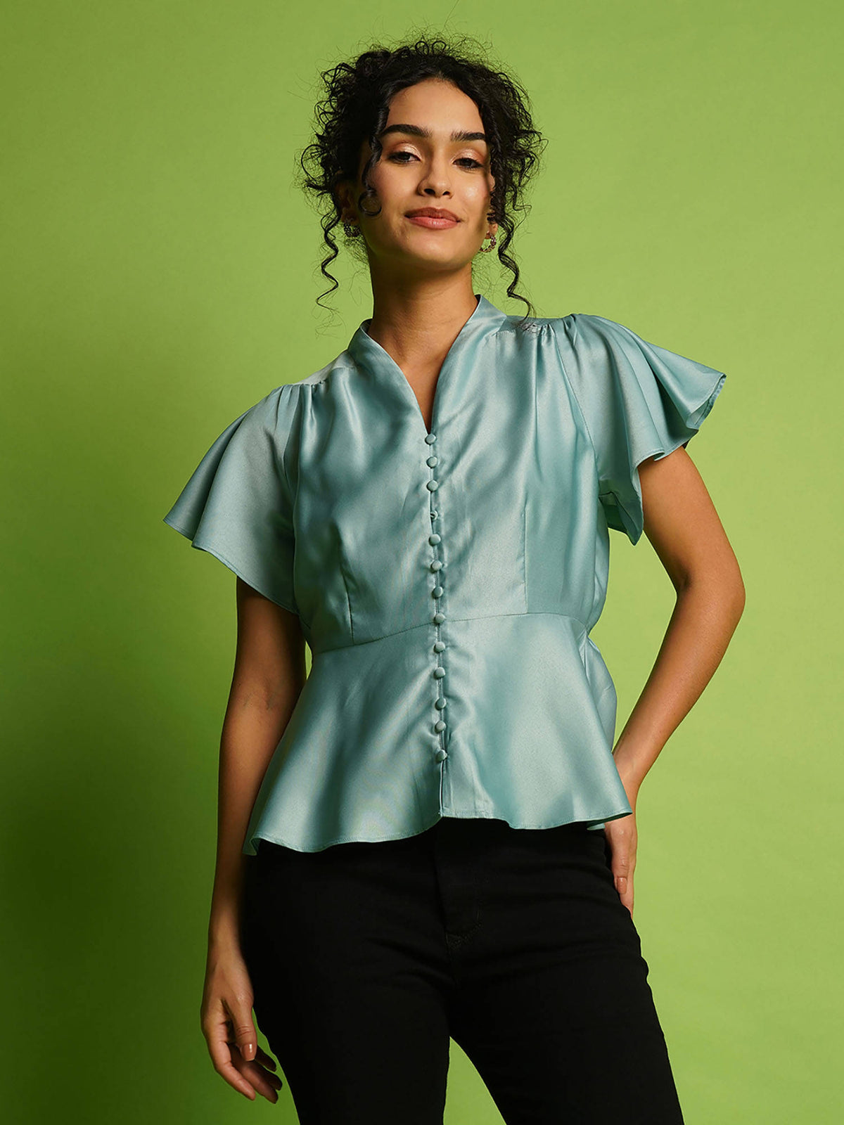 Women Purple V-Neck Flutter Sleeves Peplum Party Top | pt51 - view 6