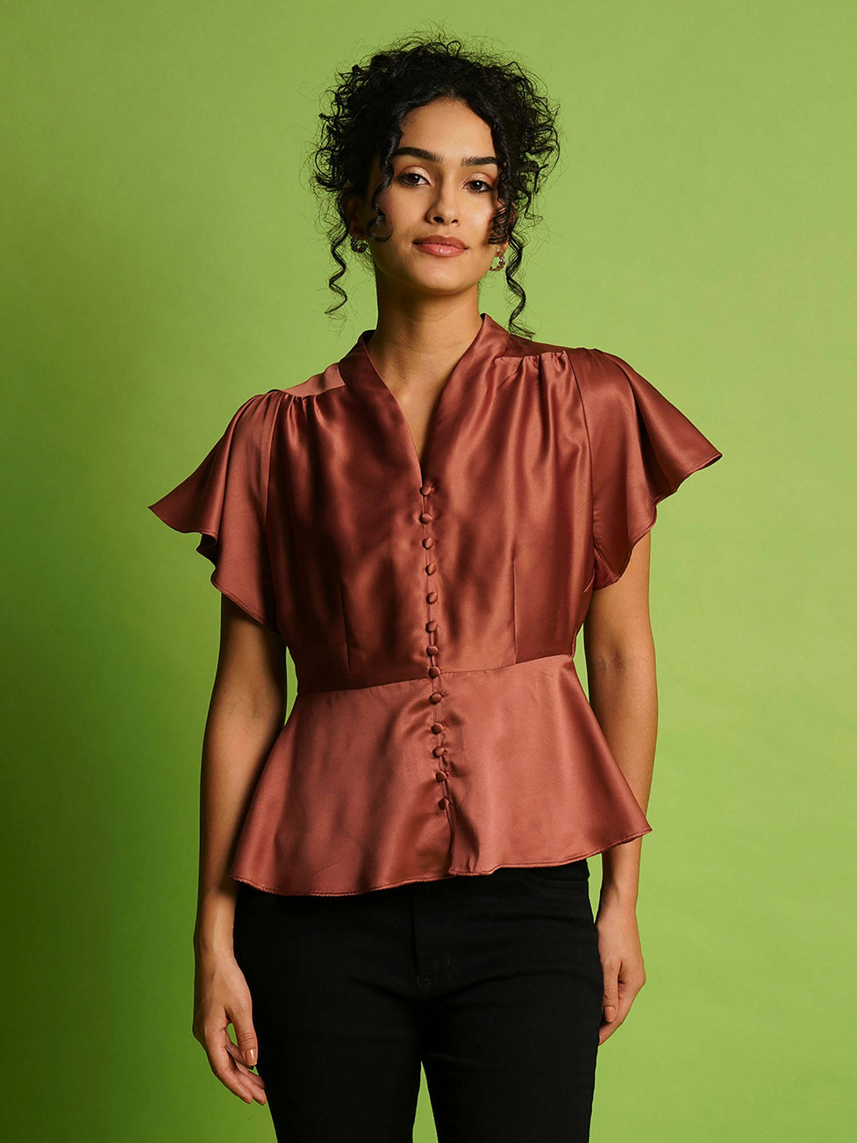 Women Purple V-Neck Flutter Sleeves Peplum Party Top | pt51 - view 11
